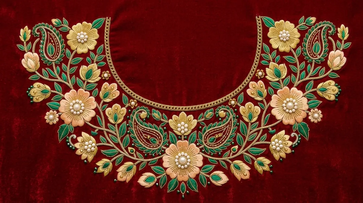 A U-neckline of thread-worked flowers and paisleys on maroon velvet, with gold dori stems, a chain edge and pearl centres.