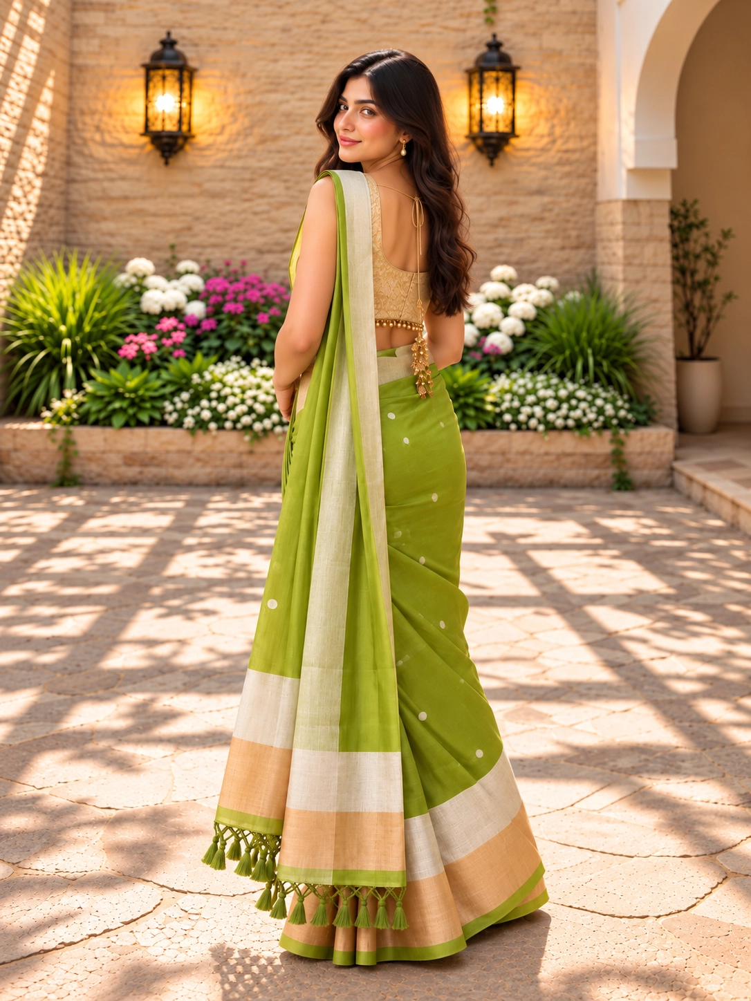 Model wearing a green cotton saree with a gold and silver zari border — Back view