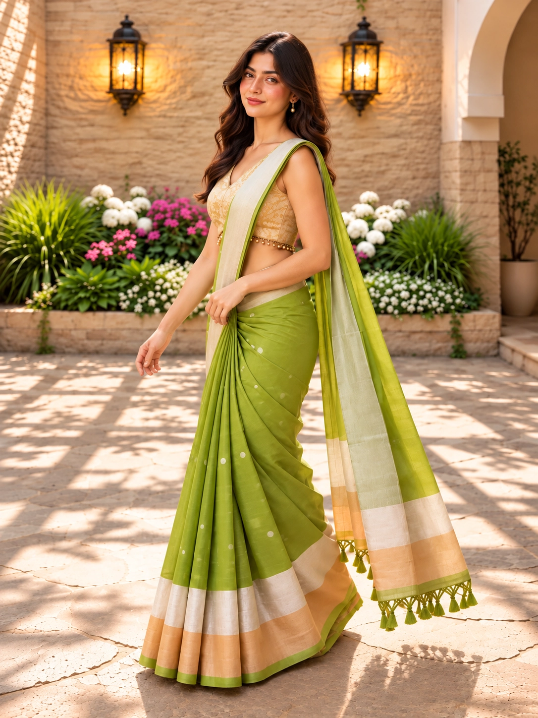 Model wearing a green cotton saree with a gold and silver zari border — Left view