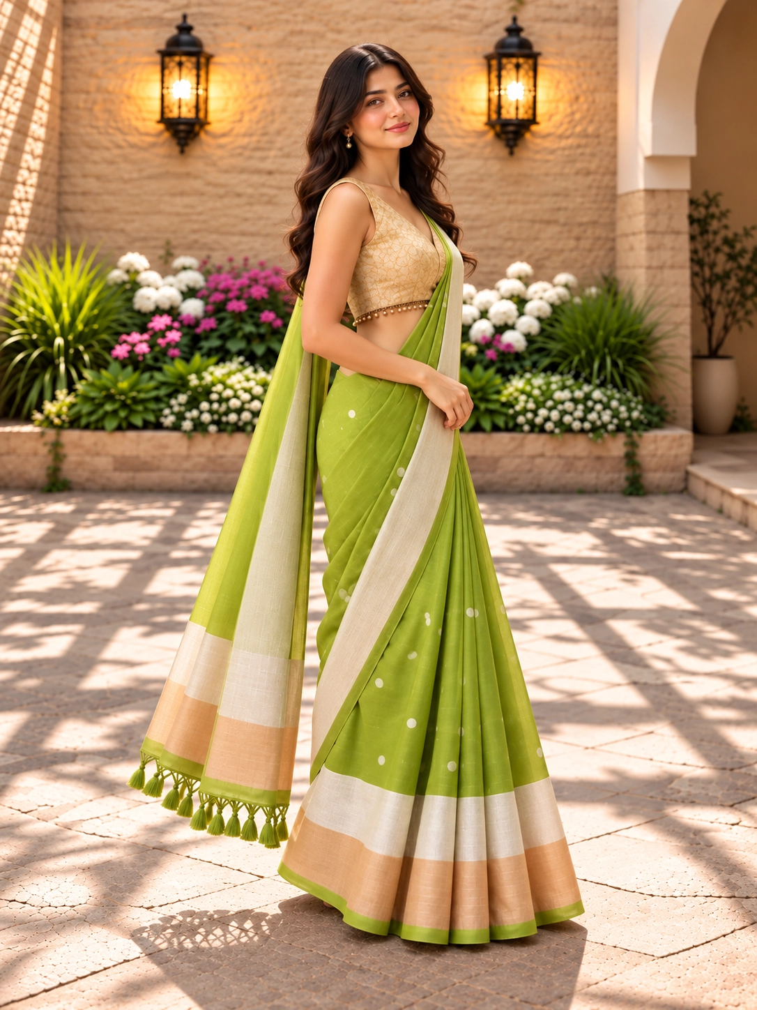 Model wearing a green cotton saree with a gold and silver zari border — Right view
