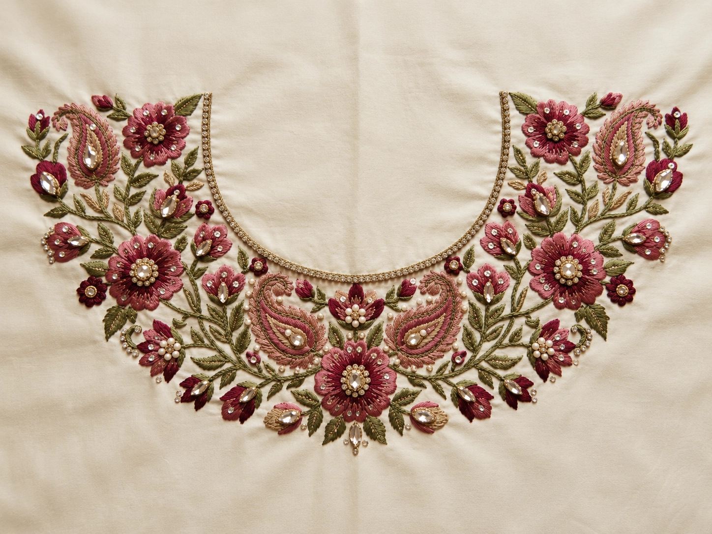 Blouse neckline embroidered with maroon and pink flowers and paisleys, green leaves, stones and pearls on cream fabric