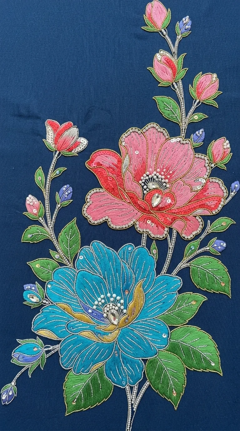 Pink and blue flowers embroidered on navy fabric