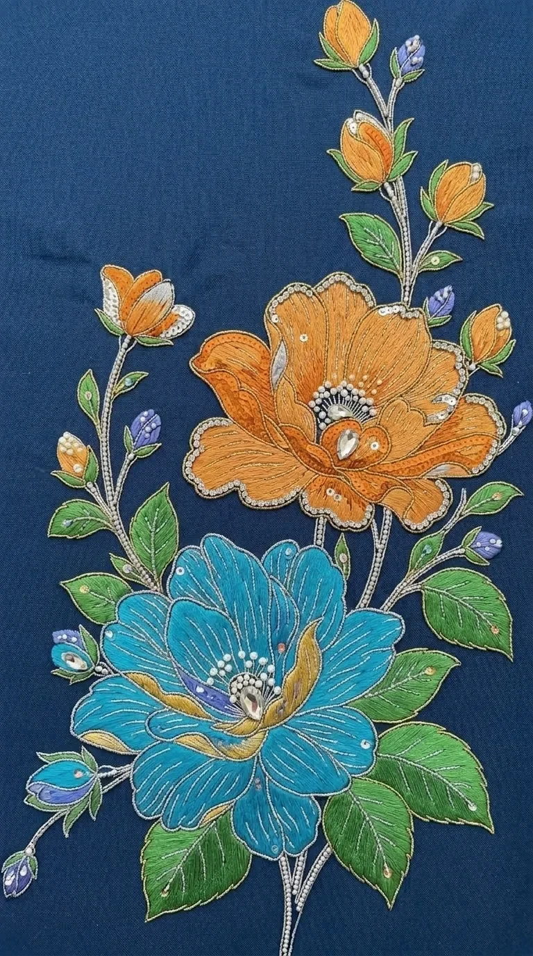 The same design with the upper flower and its buds in dark yellow