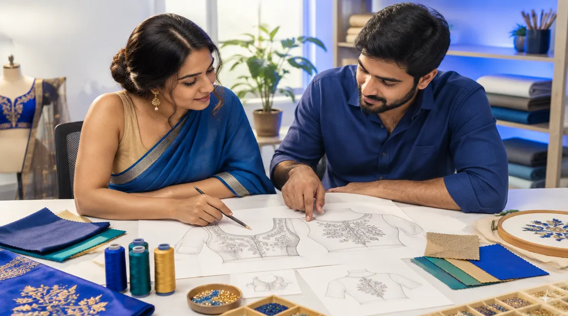 Designer and dealer reviewing blouse embroidery sketches before AI blouse design preview