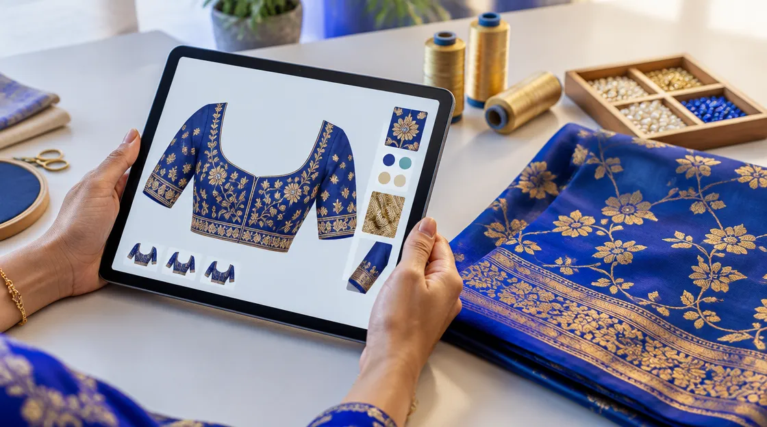 Tablet showing an AI blouse design preview next to a fabric swatch and thread