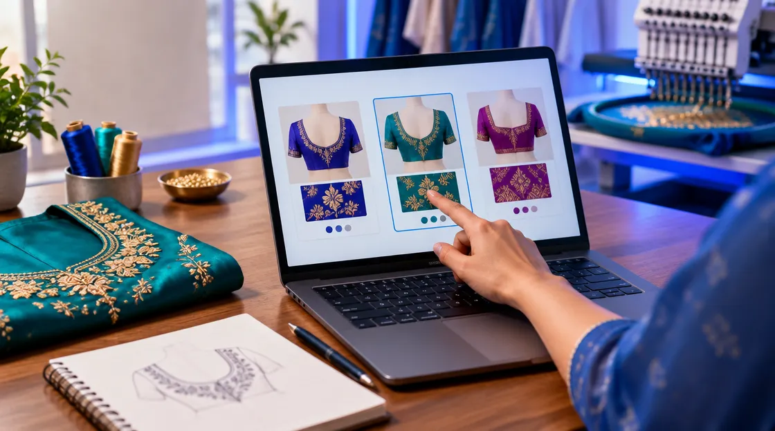 Dealer choosing one AI blouse design from three embroidery previews