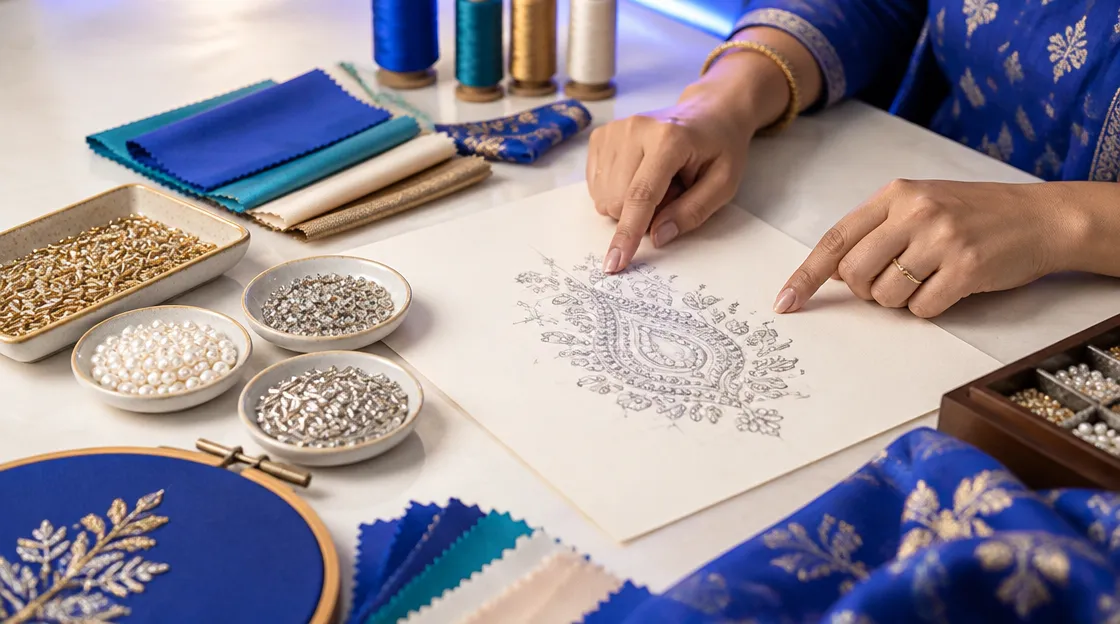 Pencil sketch beside trays of cut dana, pearl and zarkhan for a bead work design preview