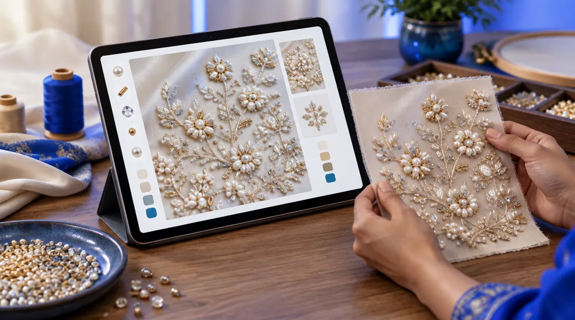 Tablet showing a bead work design preview next to a beaded silk swatch