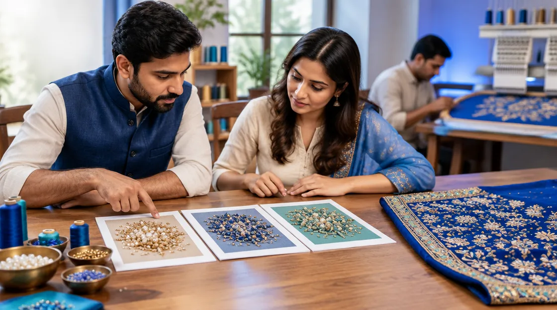 Manufacturer and dealer comparing bead work design preview options before choosing a sample