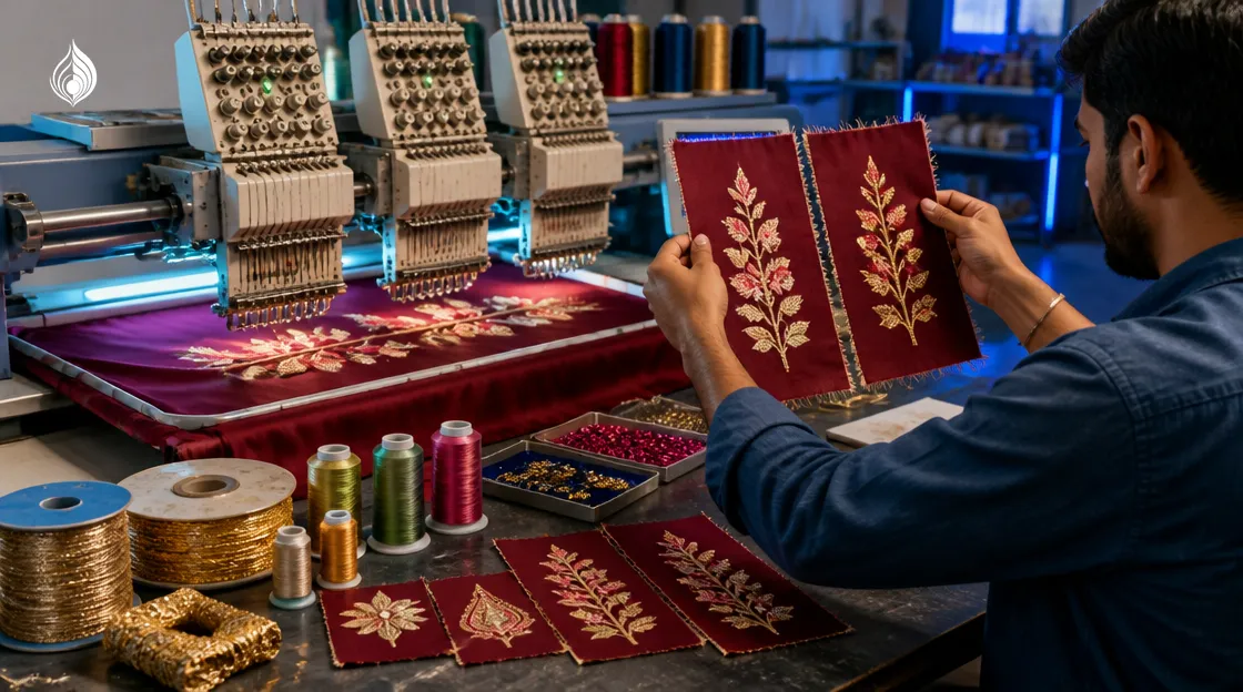 Embroidery workshop with several physical samples, showing why an embroidery design preview saves sampling rounds