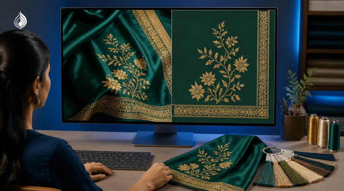 Designer comparing an embroidery design preview on screen with the real silk fabric swatch