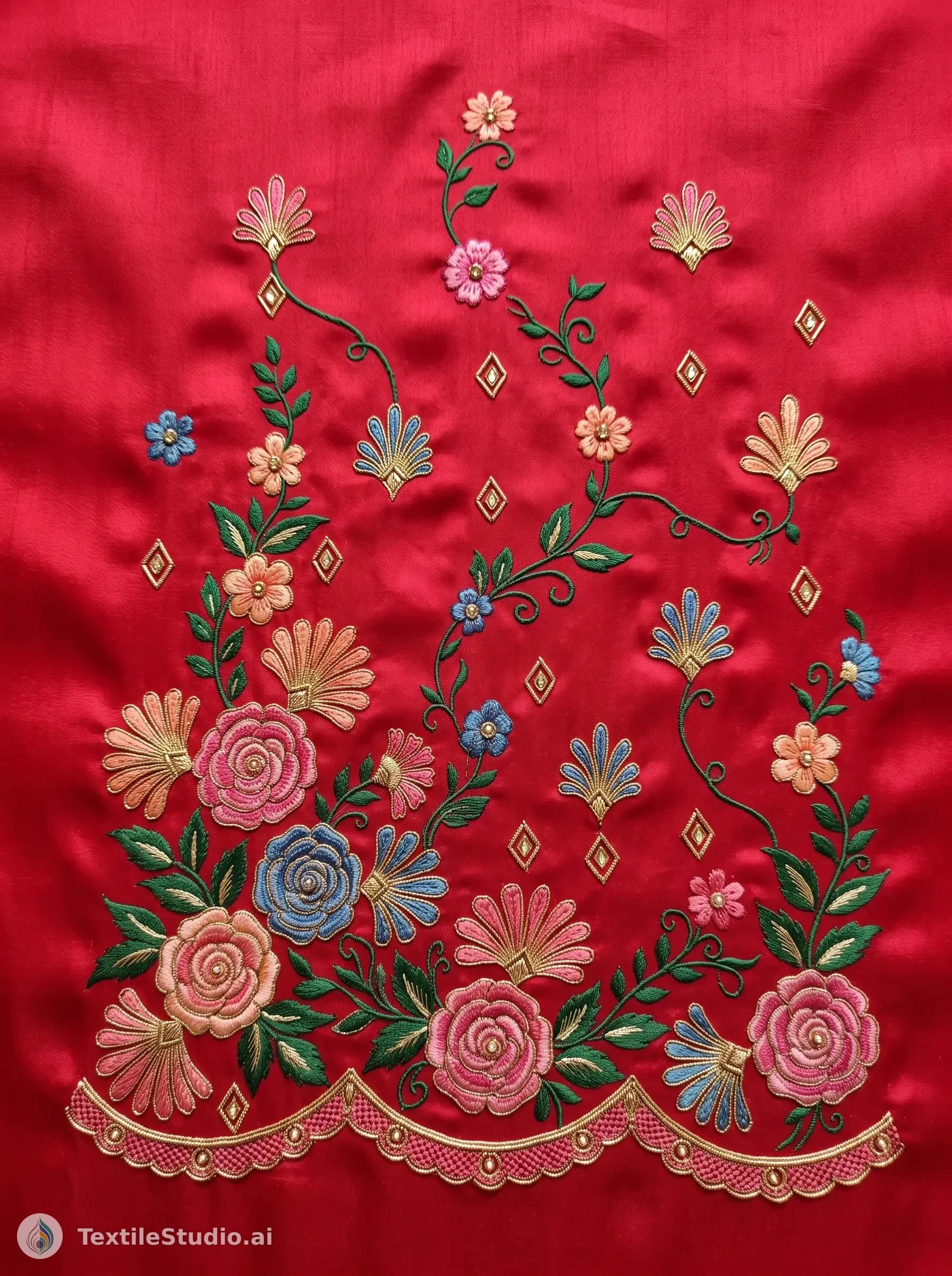 Crimson Silk Saree with Jari Dori Floral Embroidery — The design