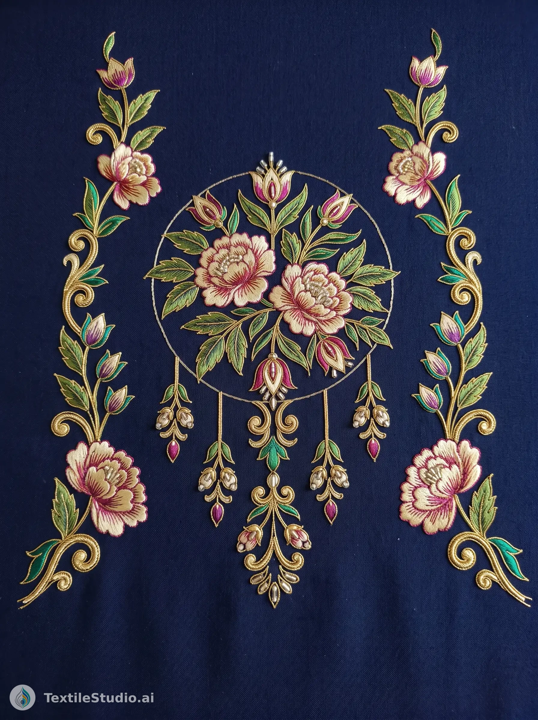 Navy Kurta with Floral Embroidery in Jari Dori — The design