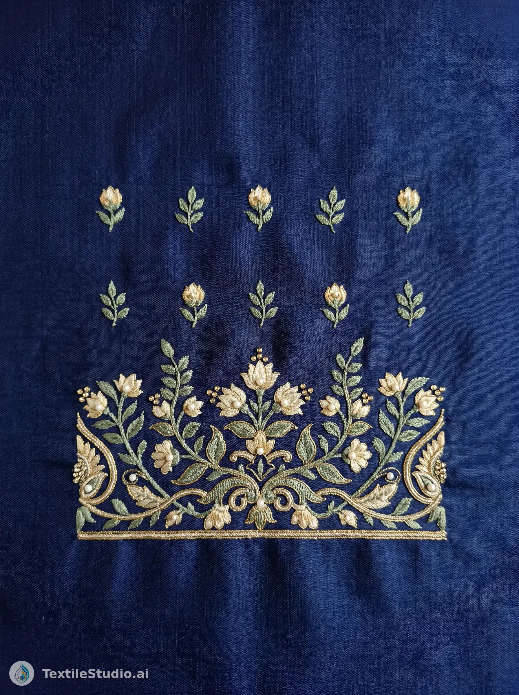 Midnight Blue Saree with Gold and Pearl Embroidery — The design