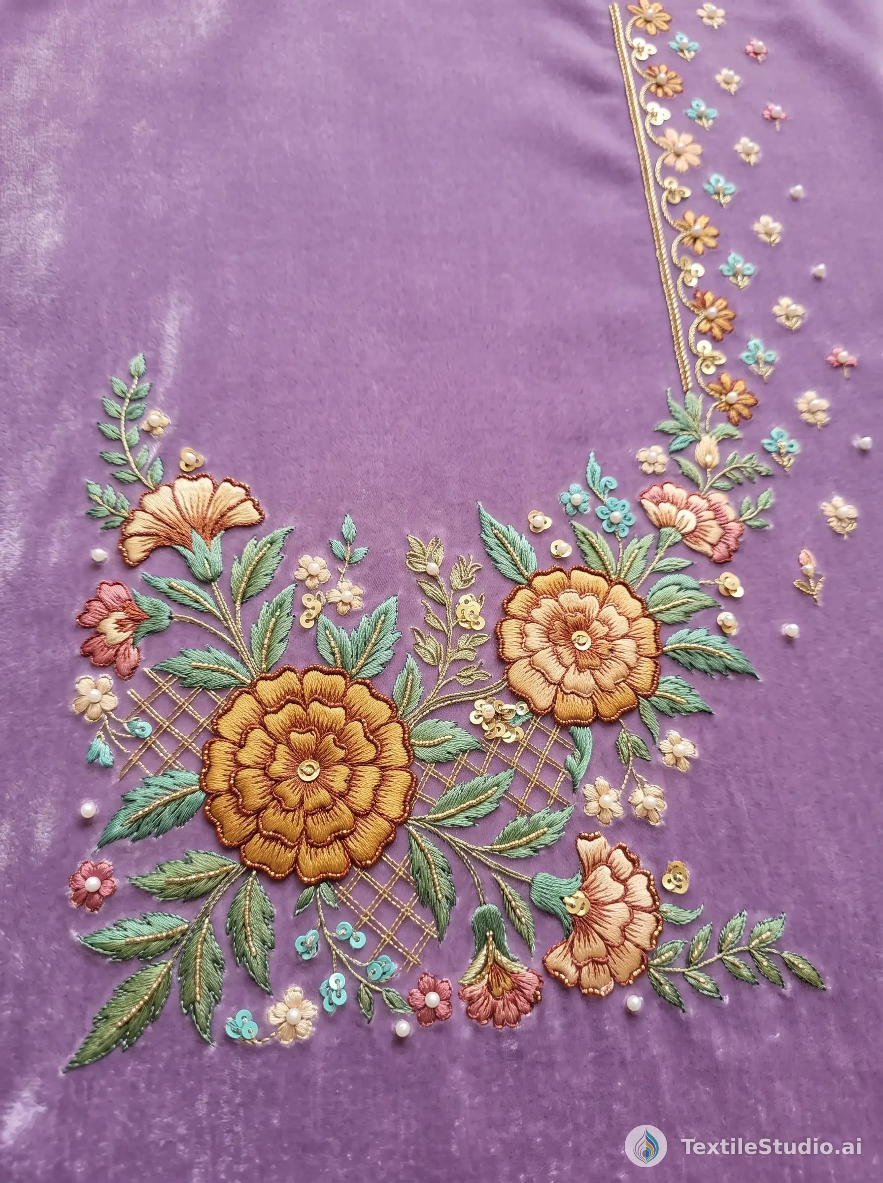 Lavender Velvet Suit with Floral Jari Dori Embroidery — The design