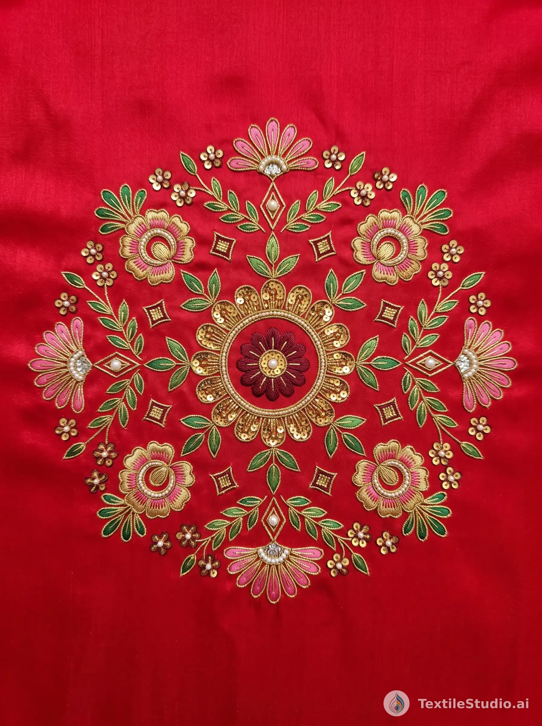 Crimson Silk Blouse with Floral Thread Embroidery