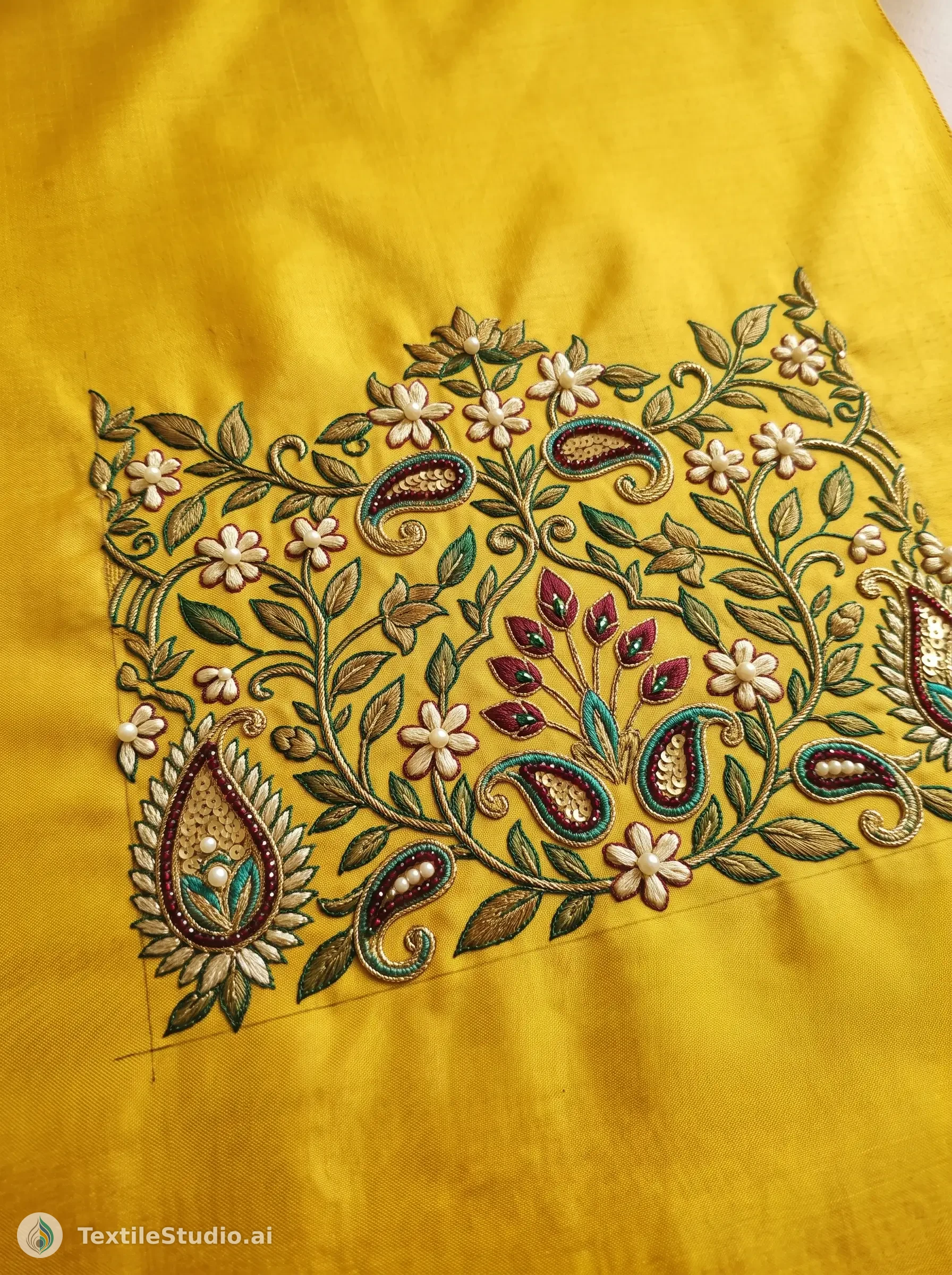 Golden Silk Lehenga with Floral Jari Dori Embroidery — The design