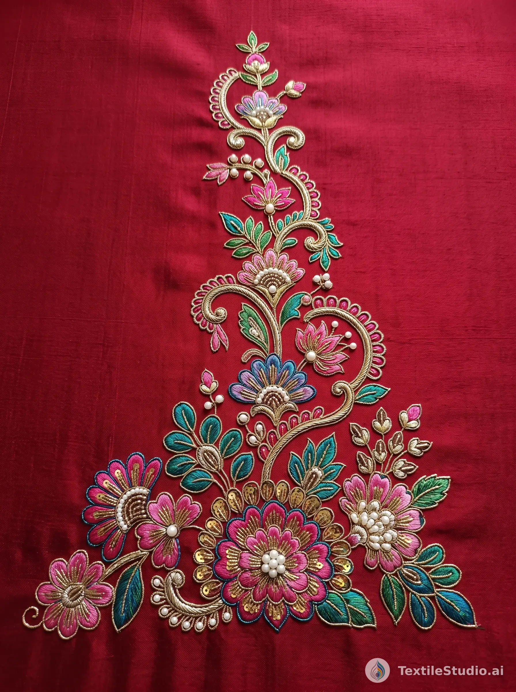 Crimson Silk Saree with Jari Dori Floral Embroidery — The design