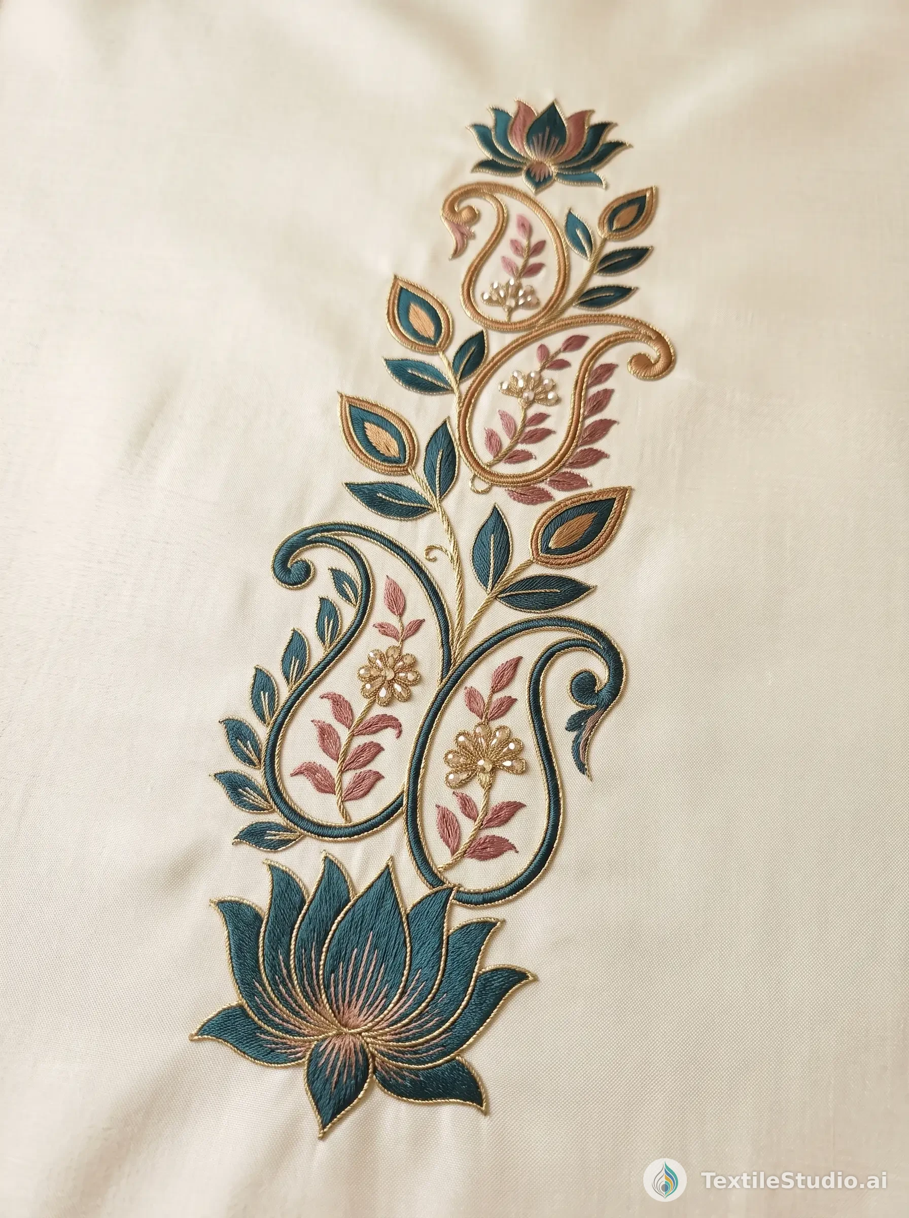 Ivory Silk Lehenga with Lotus Thread Embroidery