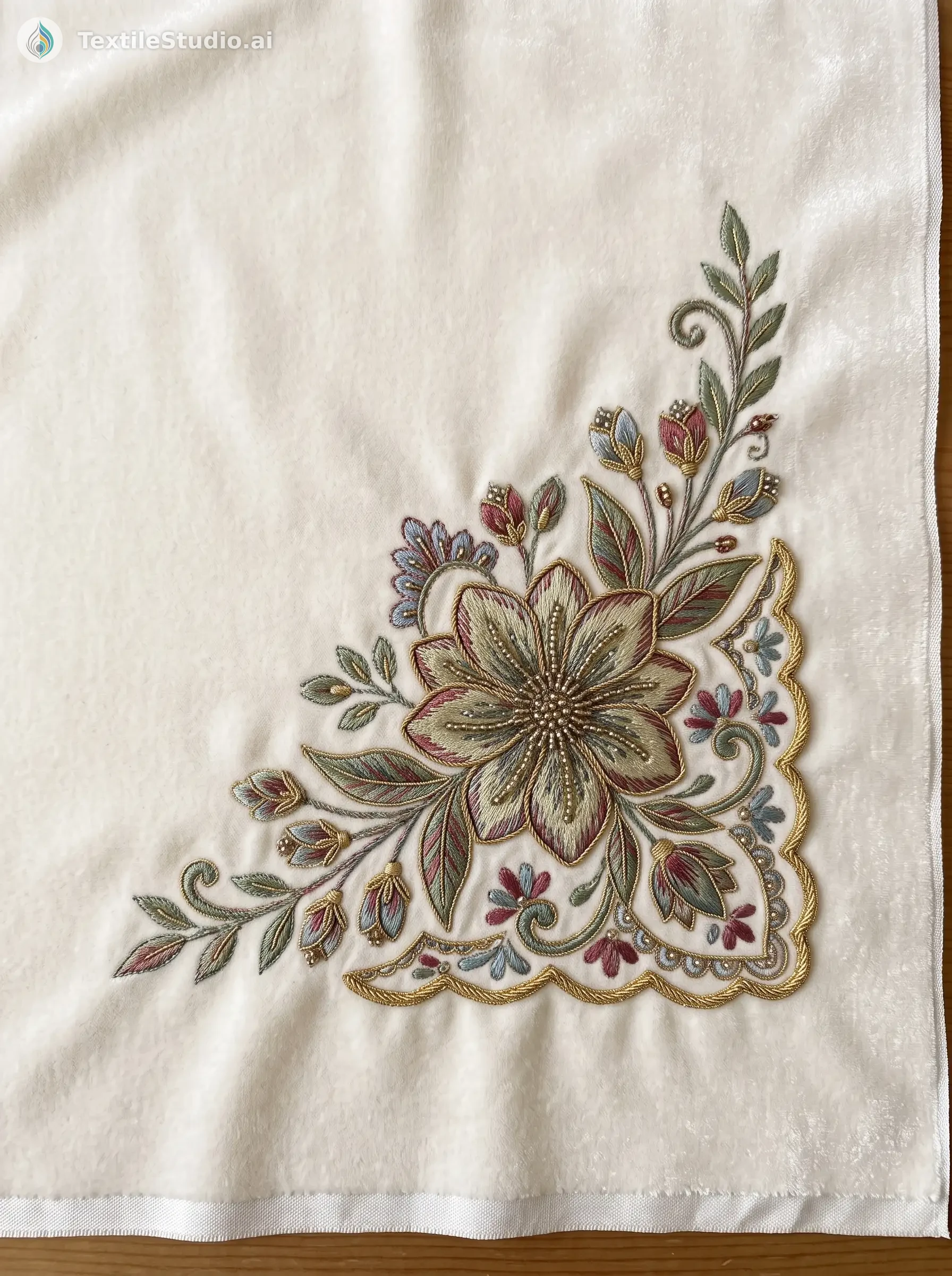 Ivory Velvet Saree with Floral Jari Dori Embroidery — The design