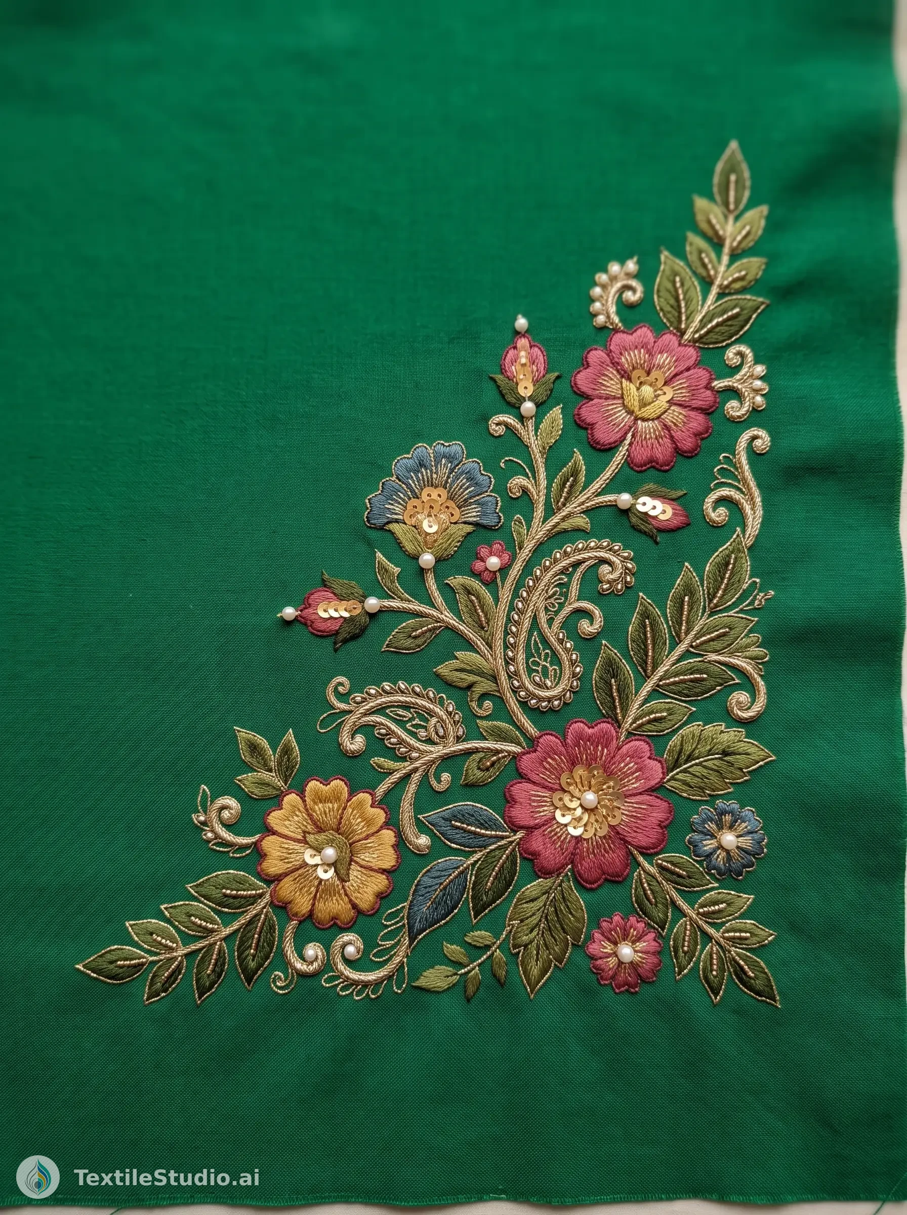 Green Cotton Suit with Jari Dori Cross-Stitch Florals — The design