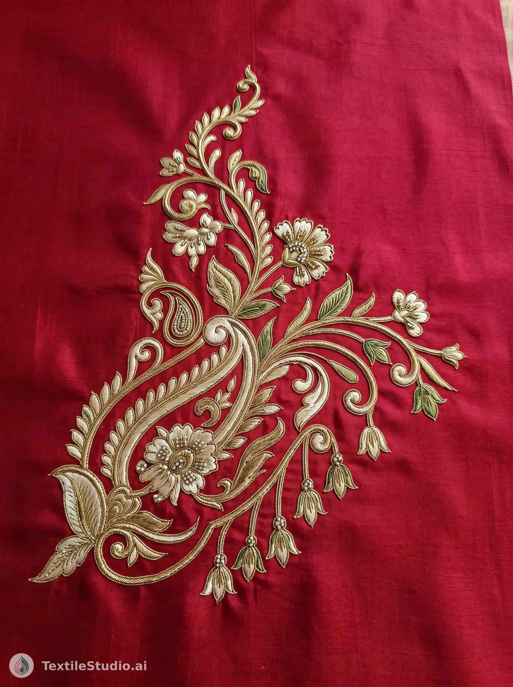 Crimson Silk Saree with Gold Jari Dori Embroidery — The design