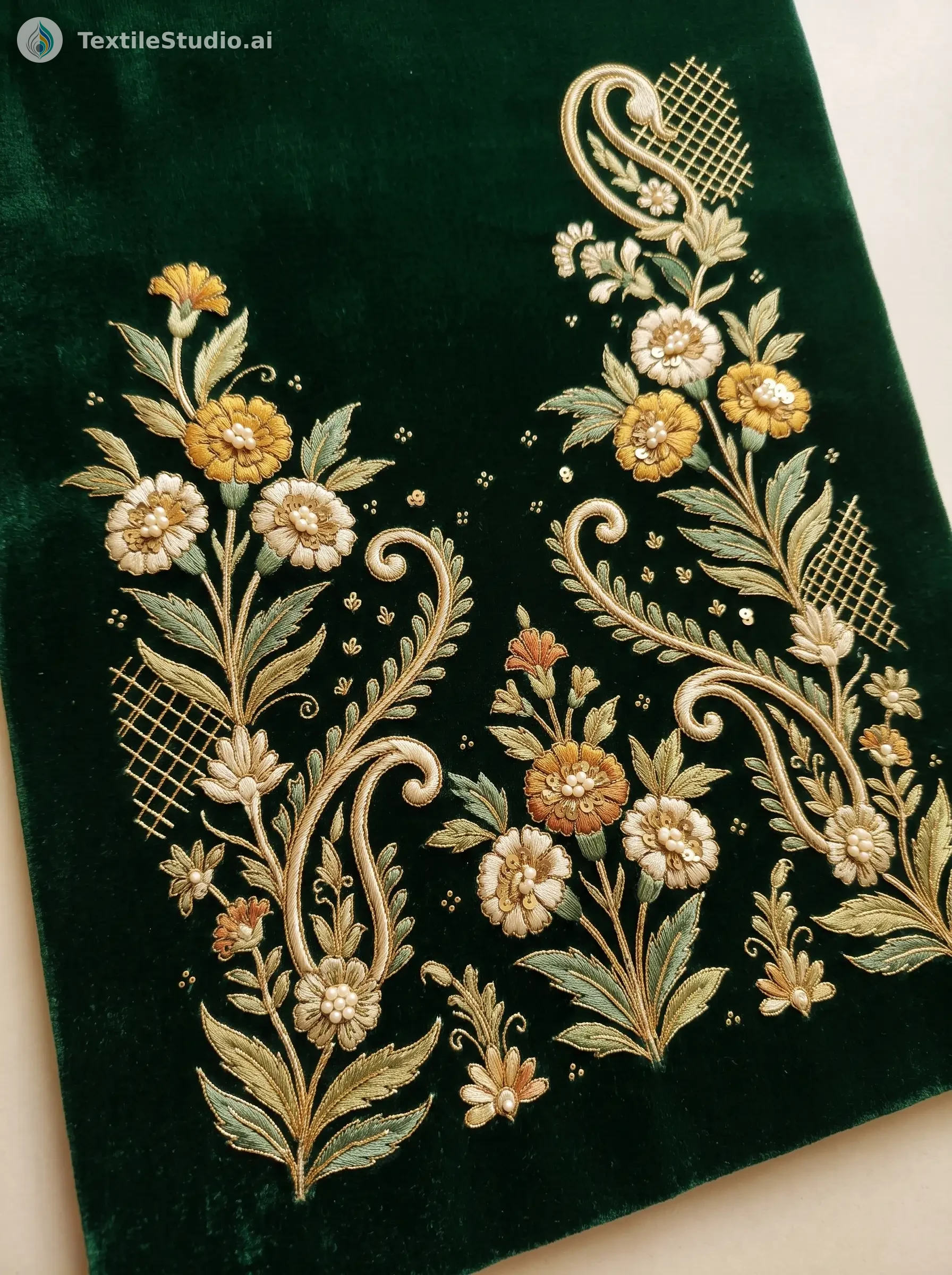 Velvet Saree with Gold Jari Dori Floral Embroidery — The design