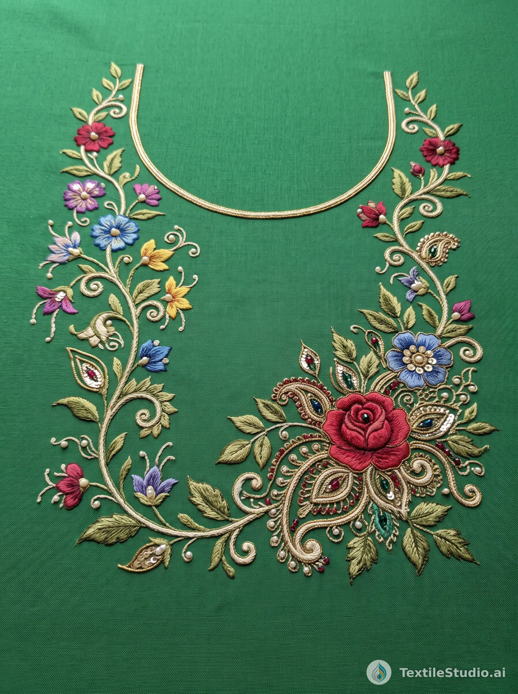 Green Blouse with Jari Dori Floral Embroidery — The design