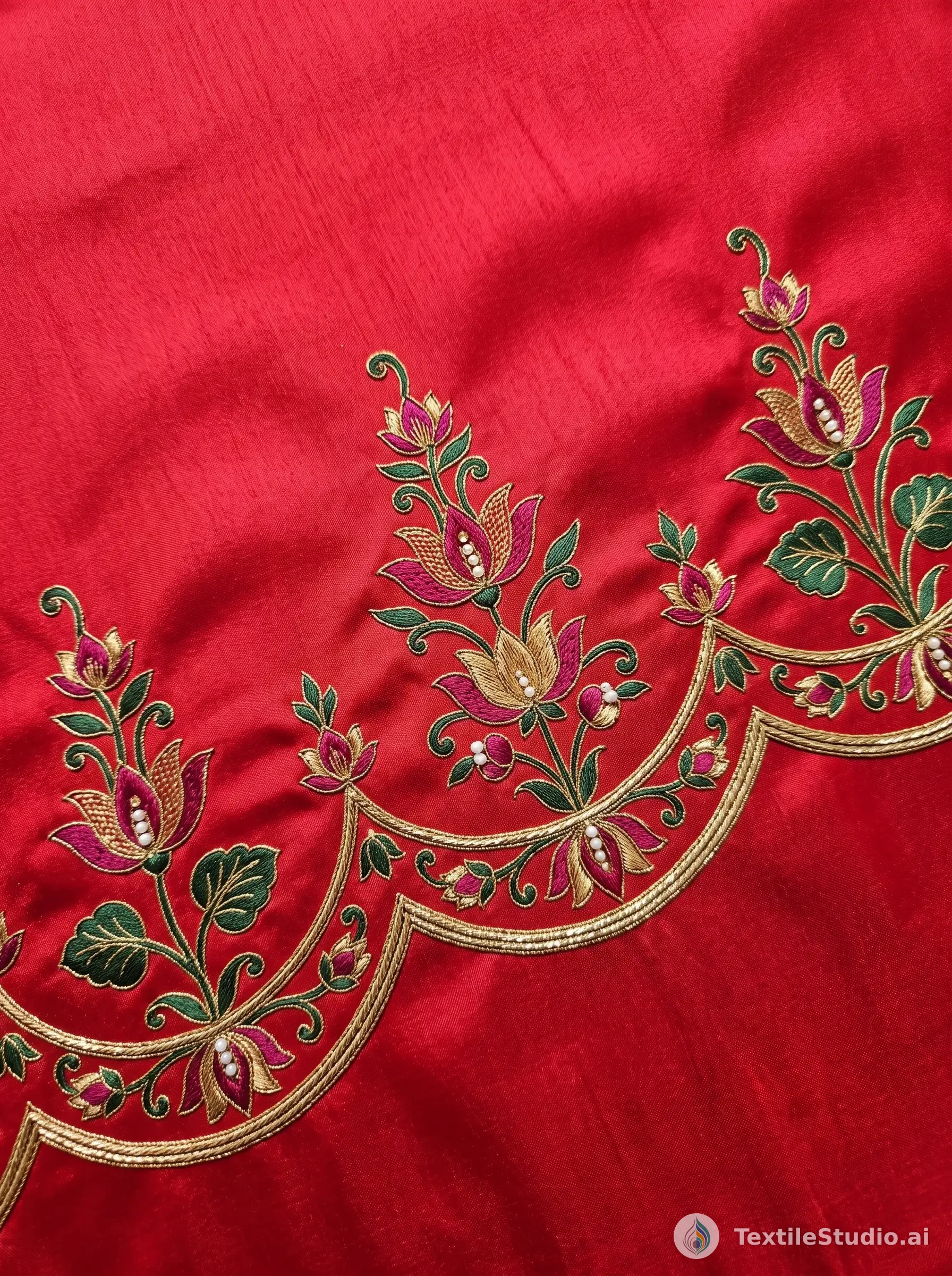Crimson Off-Shoulder Gown with Jari Dori Border Embroidery — The design