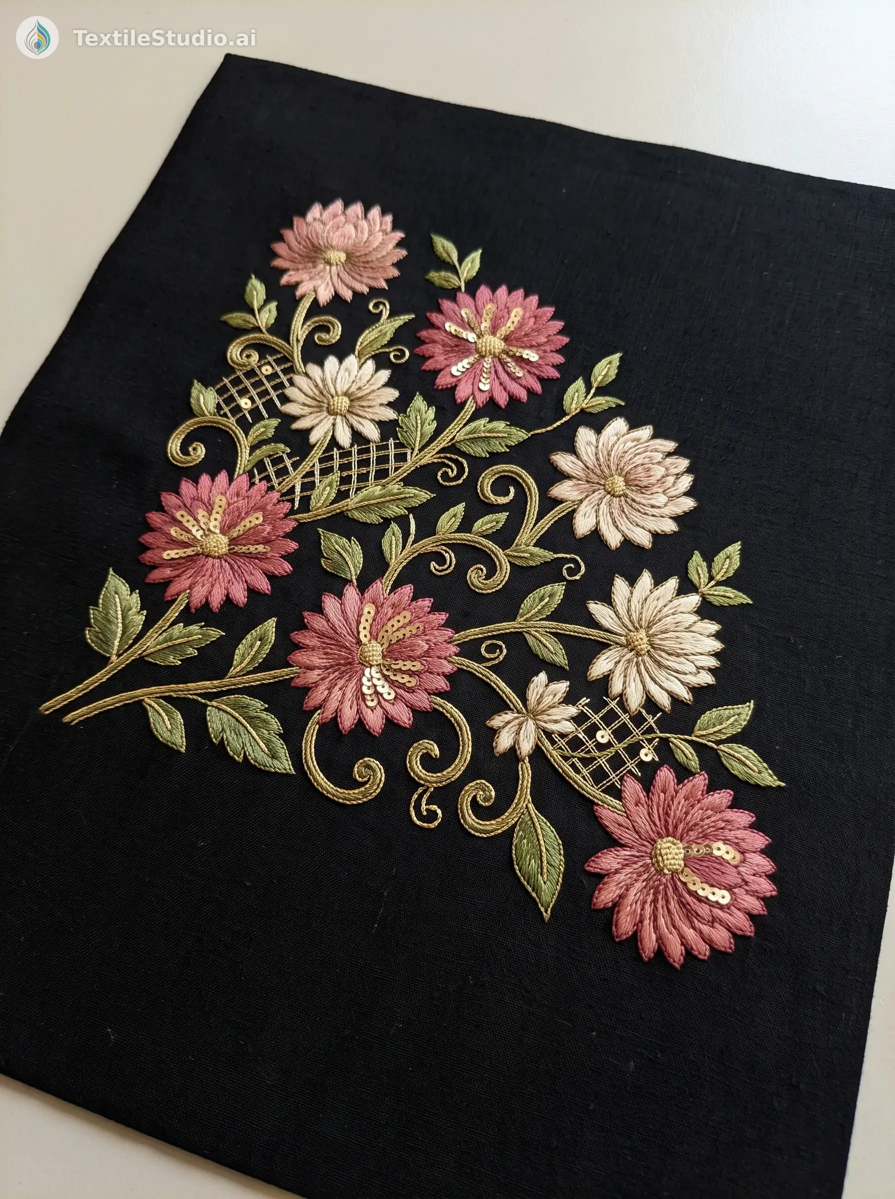 Black Cotton Saree with Jari Dori Floral Embroidery — The design