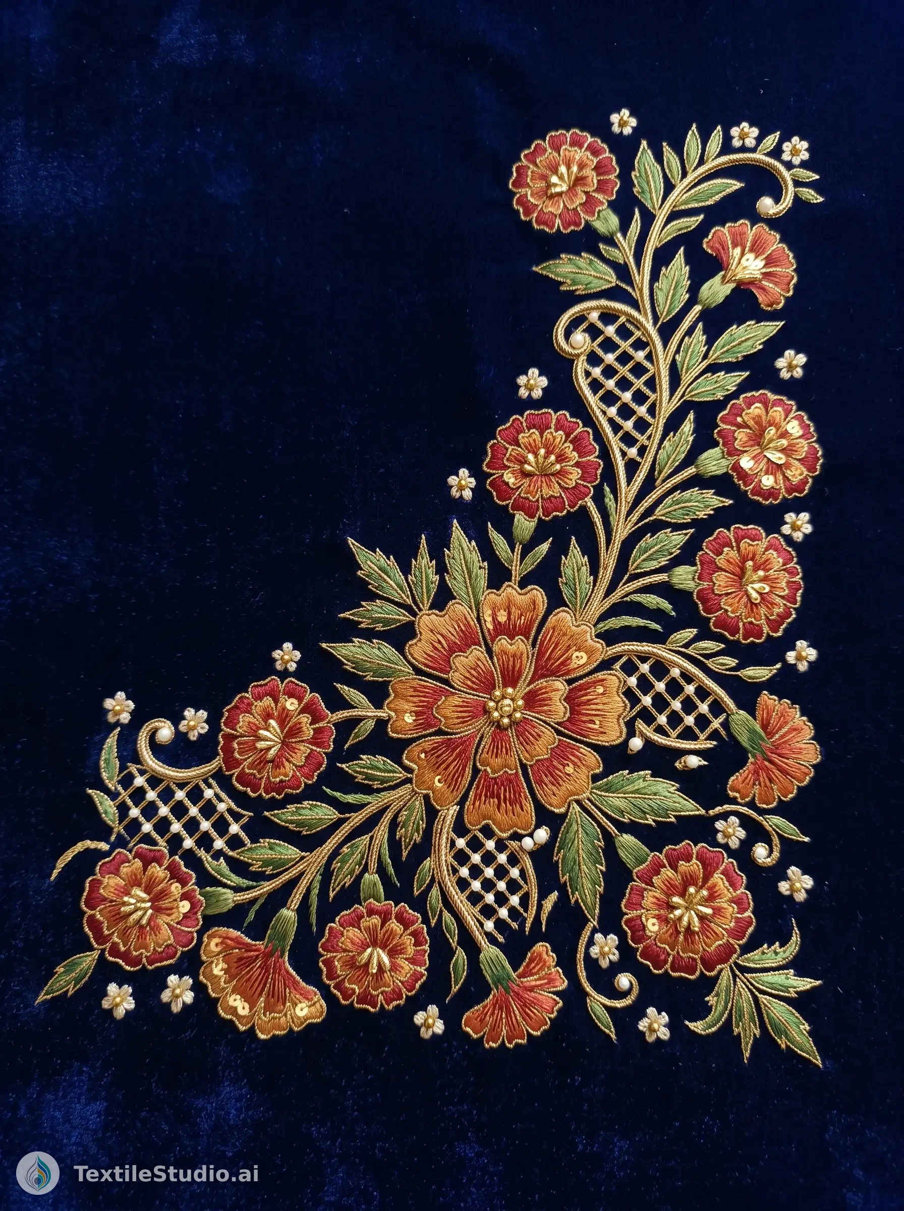 Navy Velvet Kurta with Floral Embroidery — The design