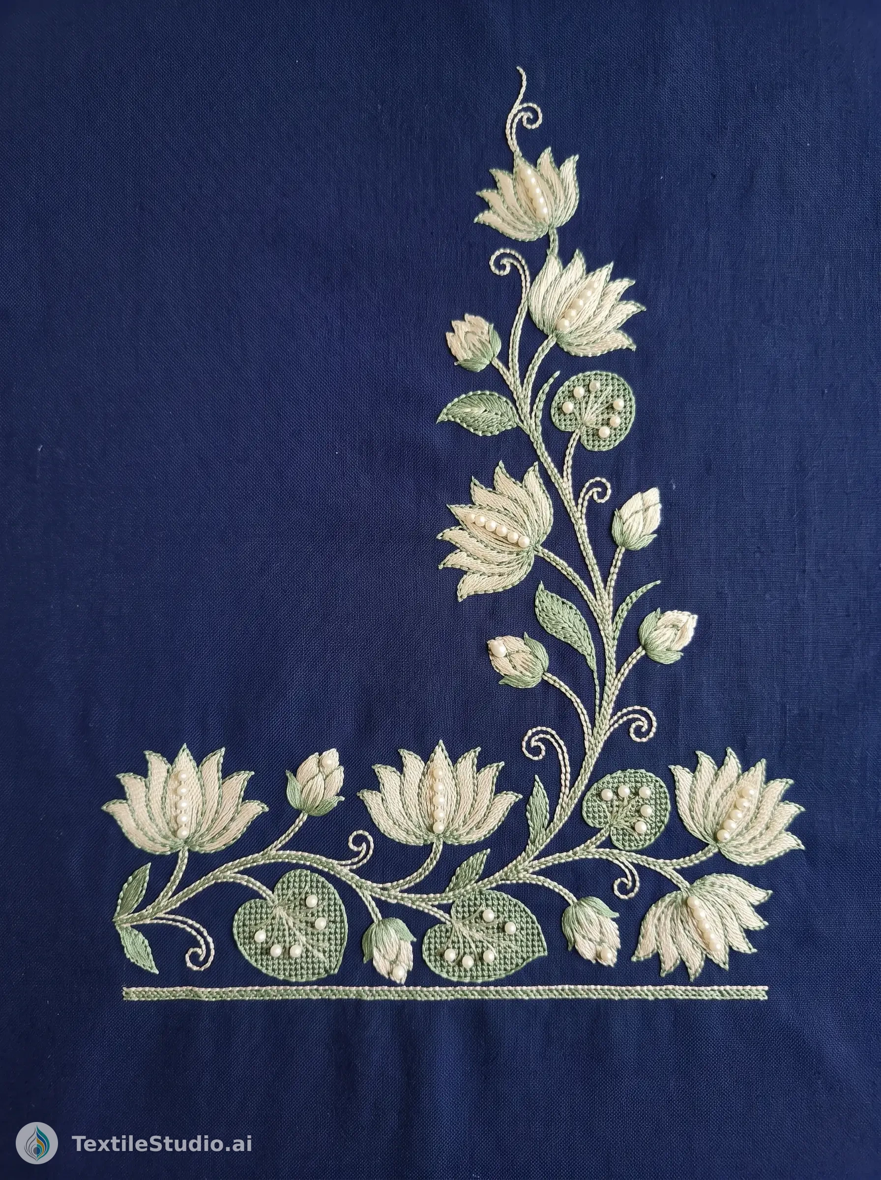 Navy Kurta with Ivory Floral Pearl Embroidery