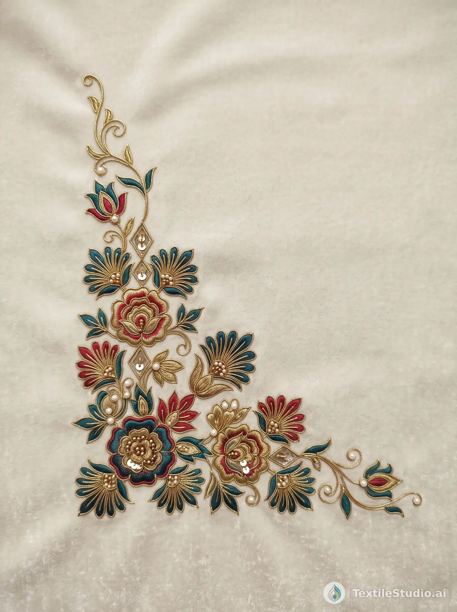 Ivory Velvet Lehenga with Floral Jari Dori Embroidery — The design