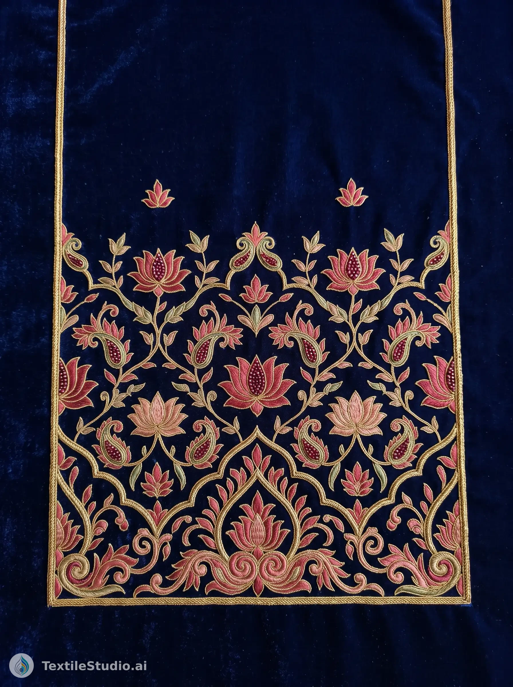 Navy Velvet Saree with Lotus Jari Dori Embroidery — The design