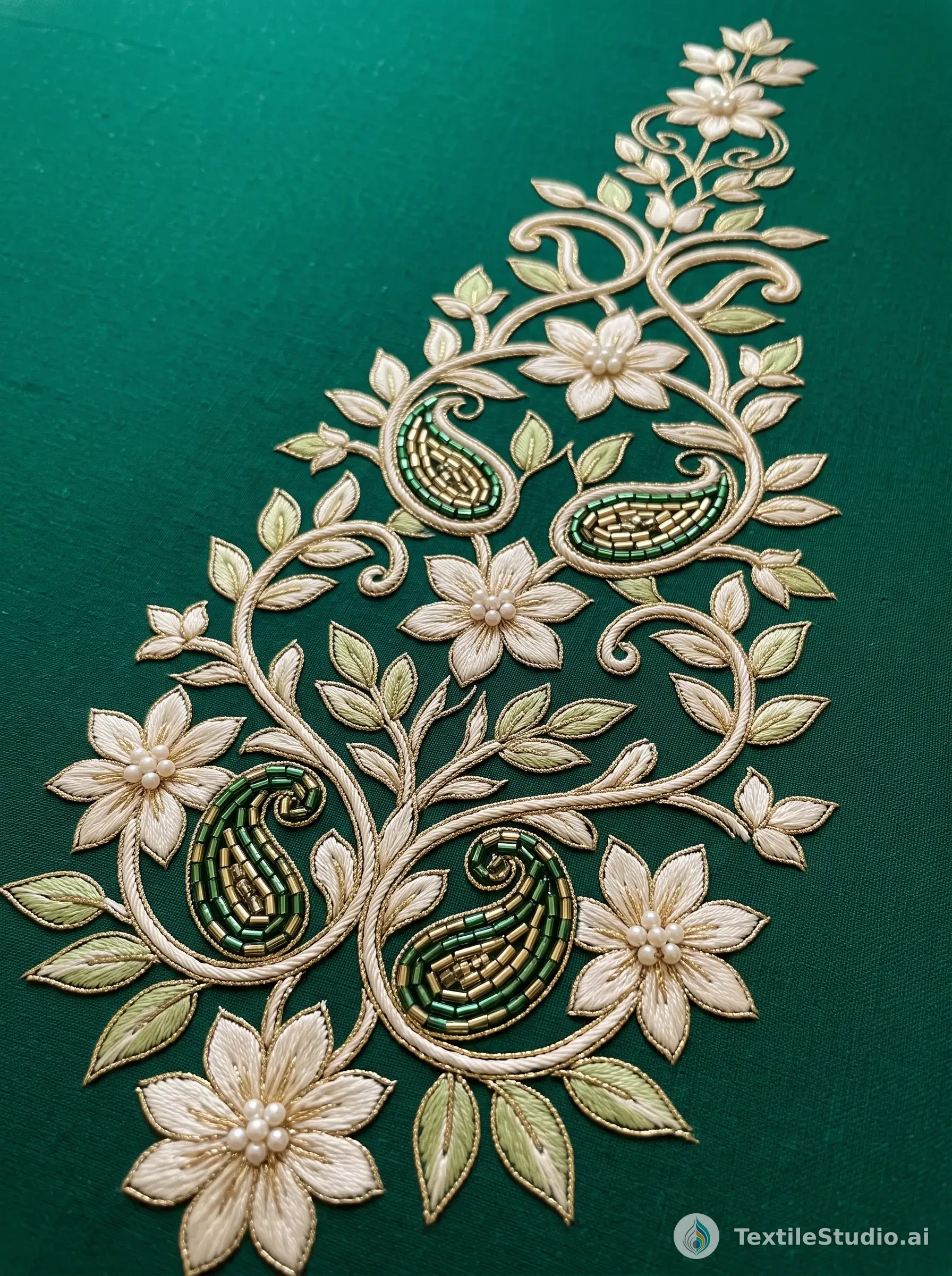 Emerald Kurta with Floral Pearl Jari Dori Embroidery — The design