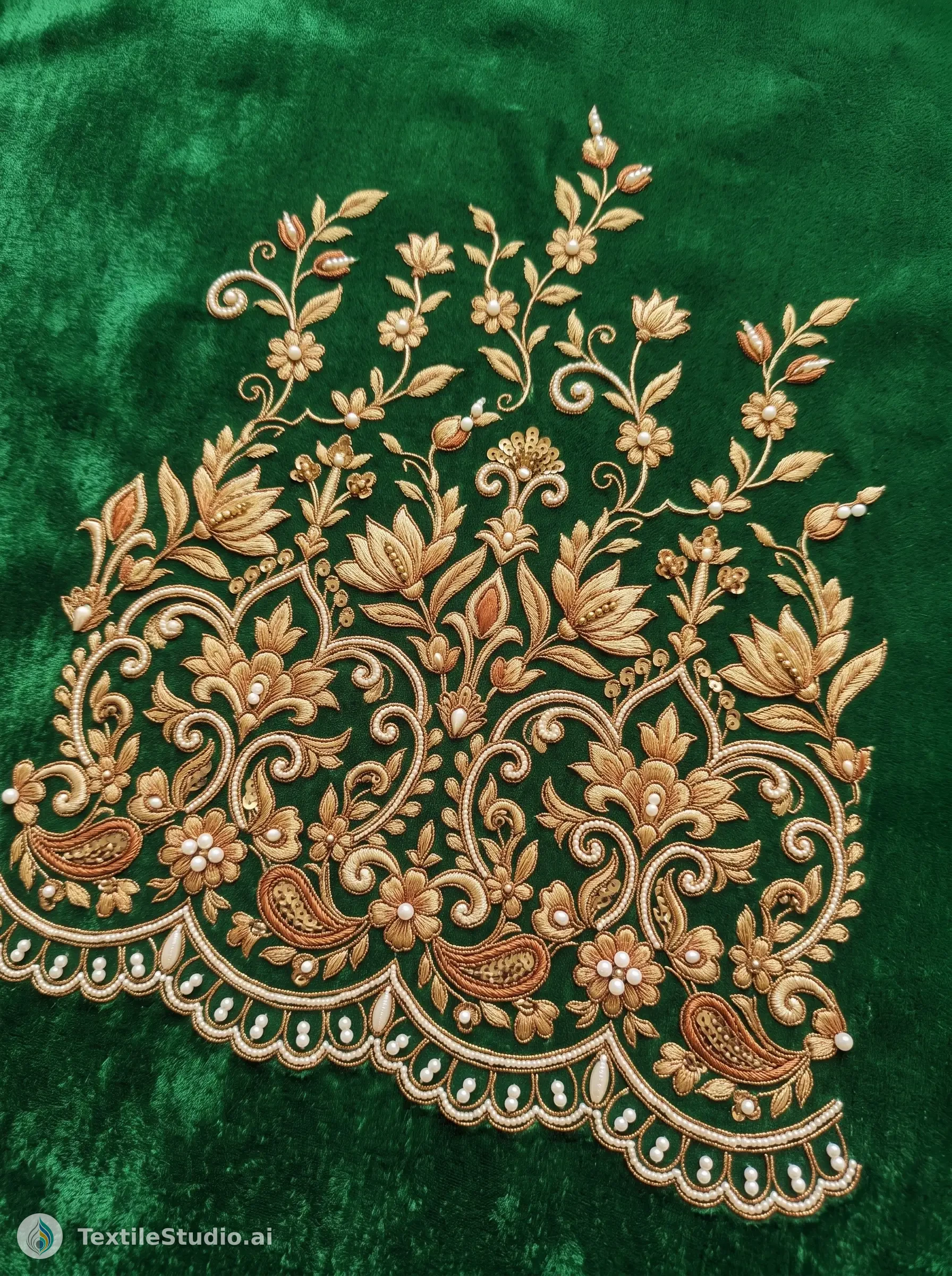 Emerald Velvet Dupatta with Jari Dori Florals — The design
