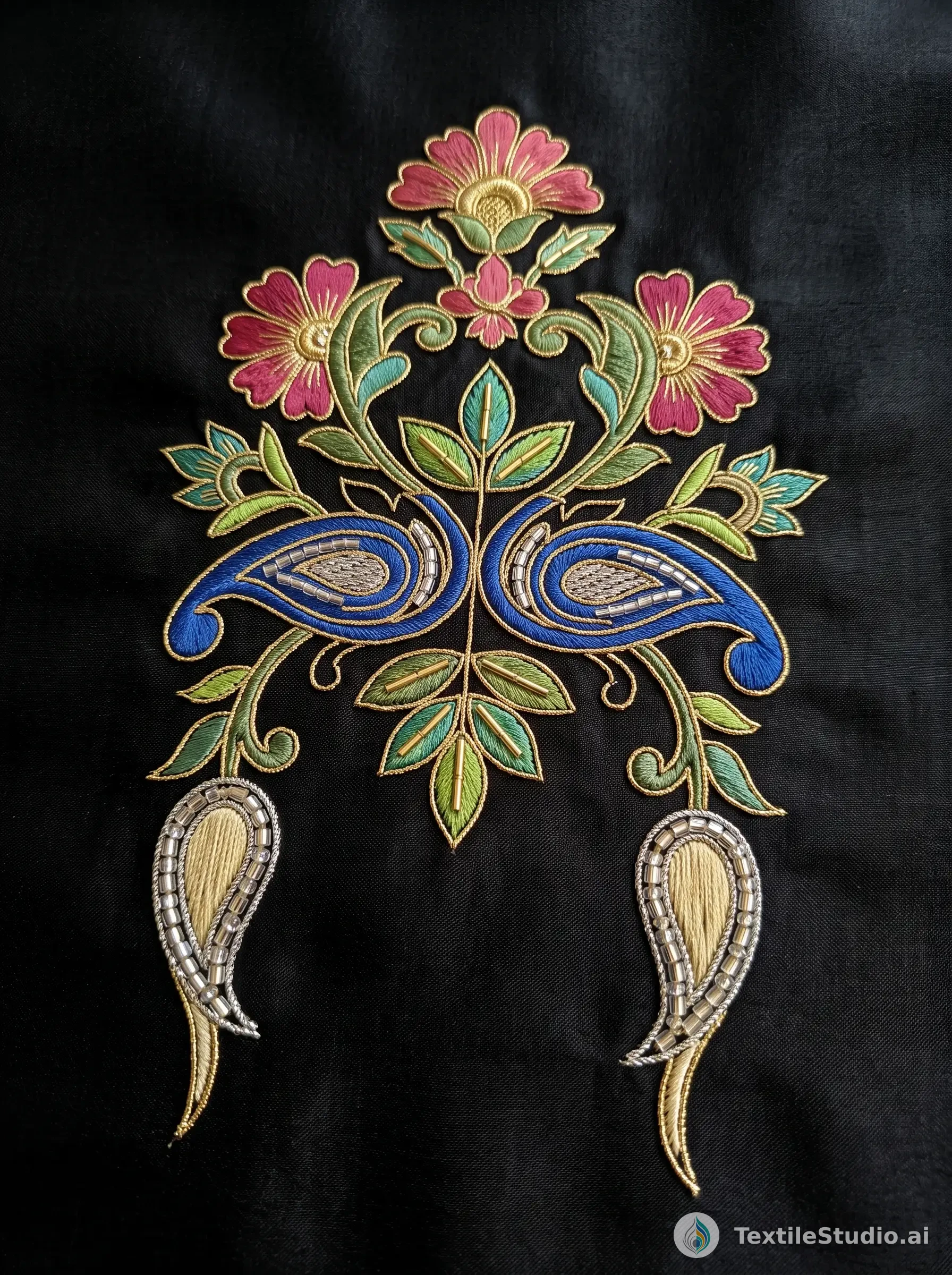 Black Silk Saree with Floral Jari Dori Threads