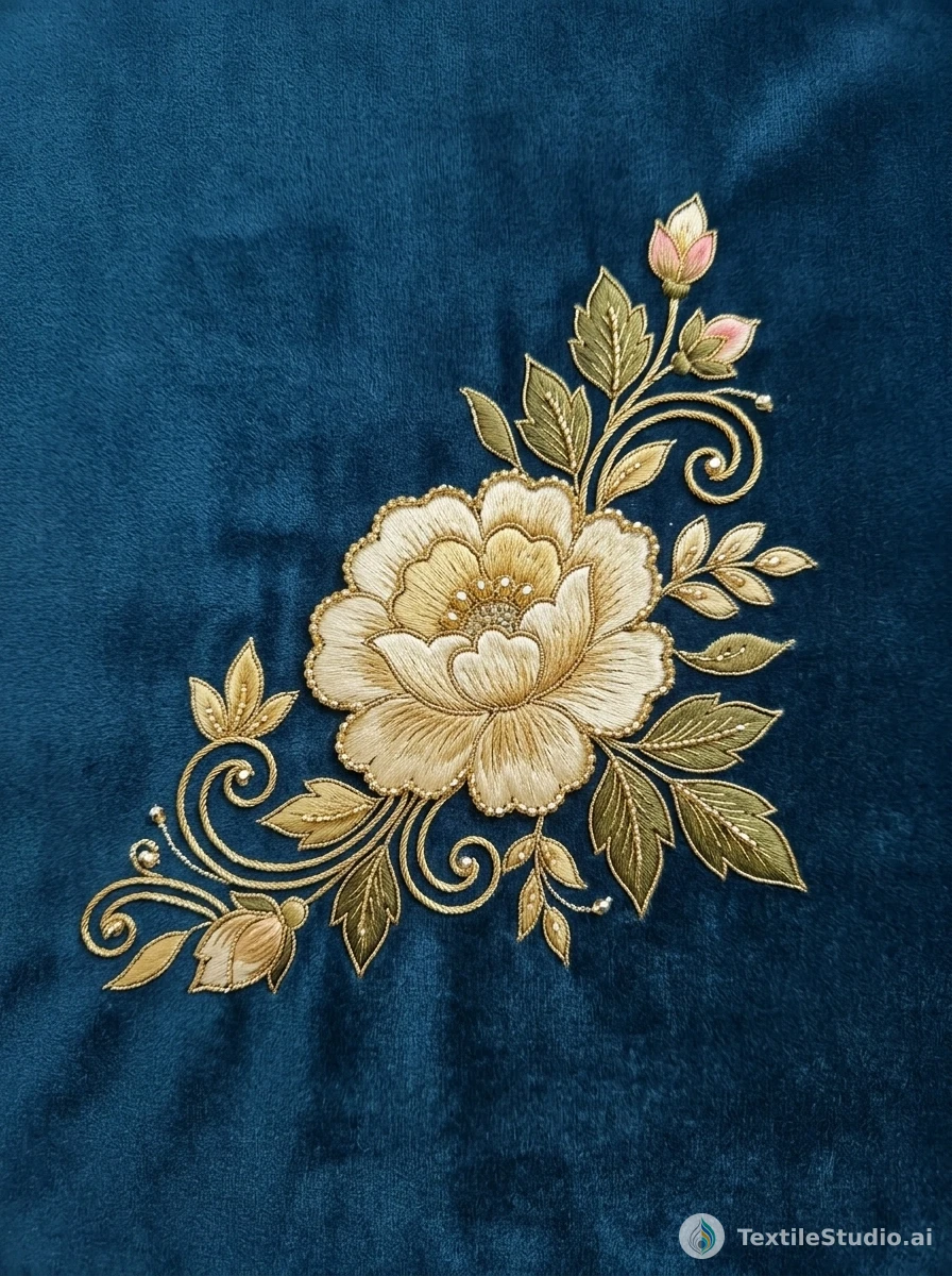 Navy Velvet Blouse with Floral Embroidery — The design