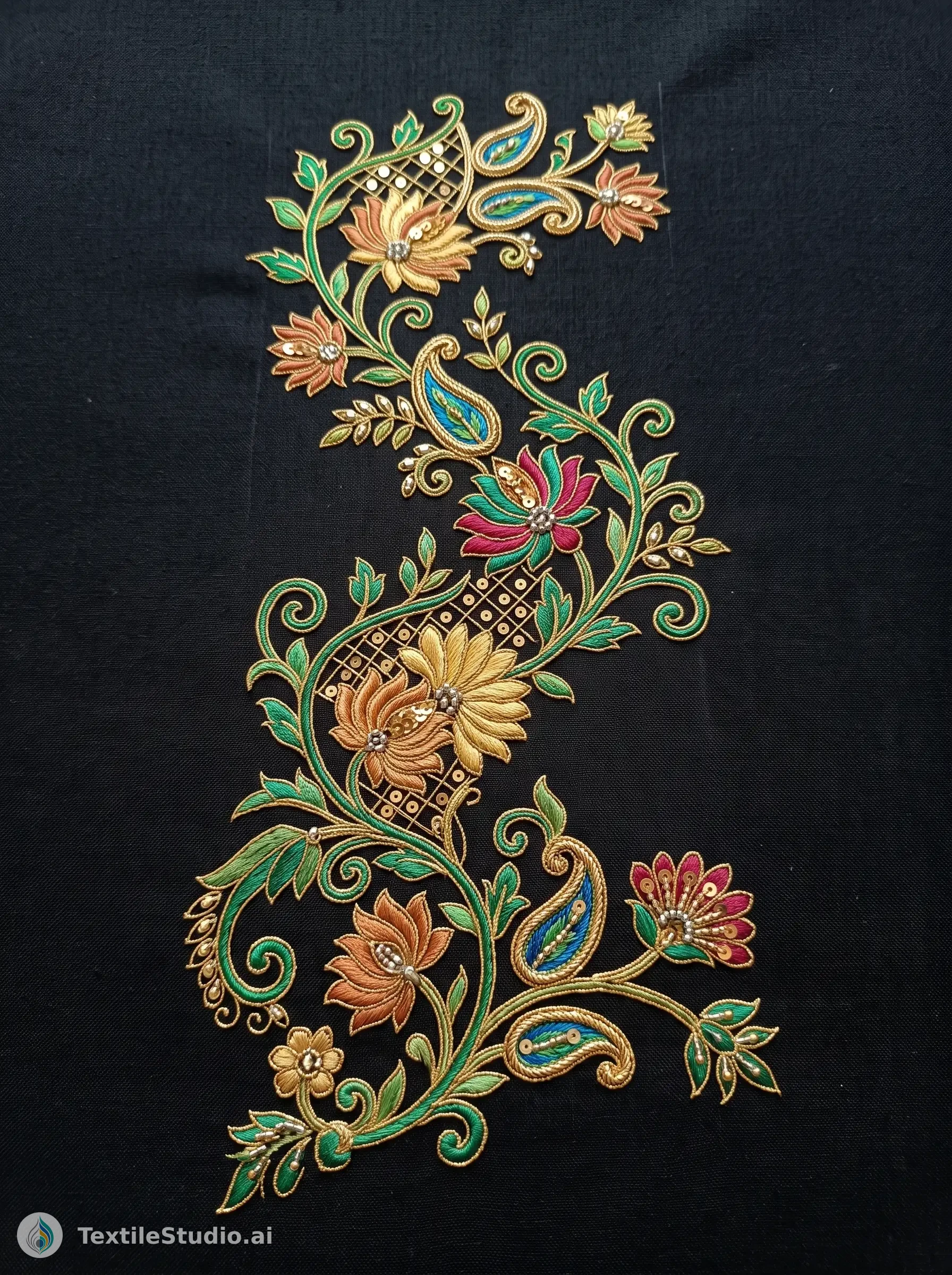 Black Cotton Kurta with Jari Dori Florals — The design