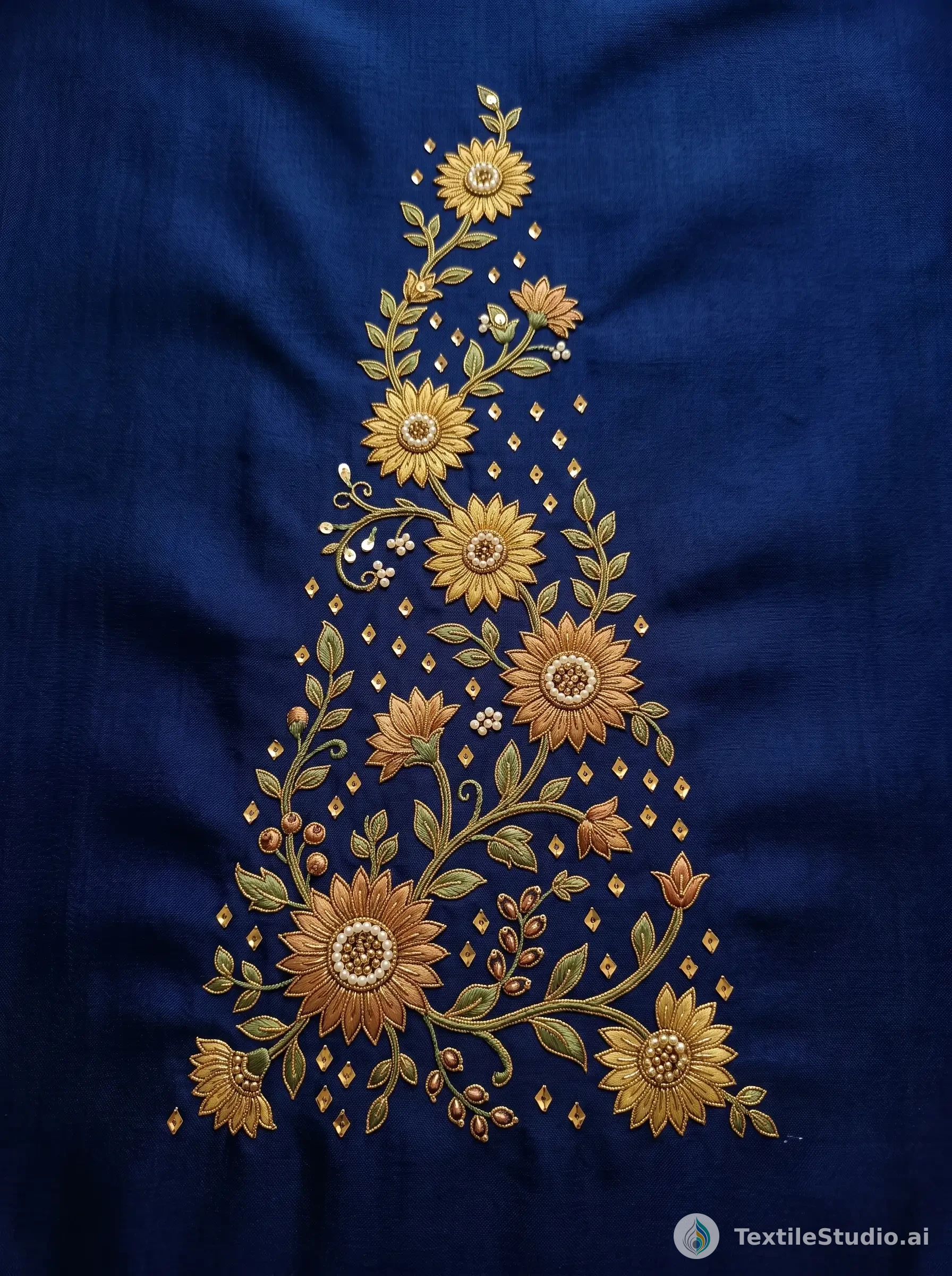 Navy Lehenga with Gold Floral Jari Dori Embroidery — The design