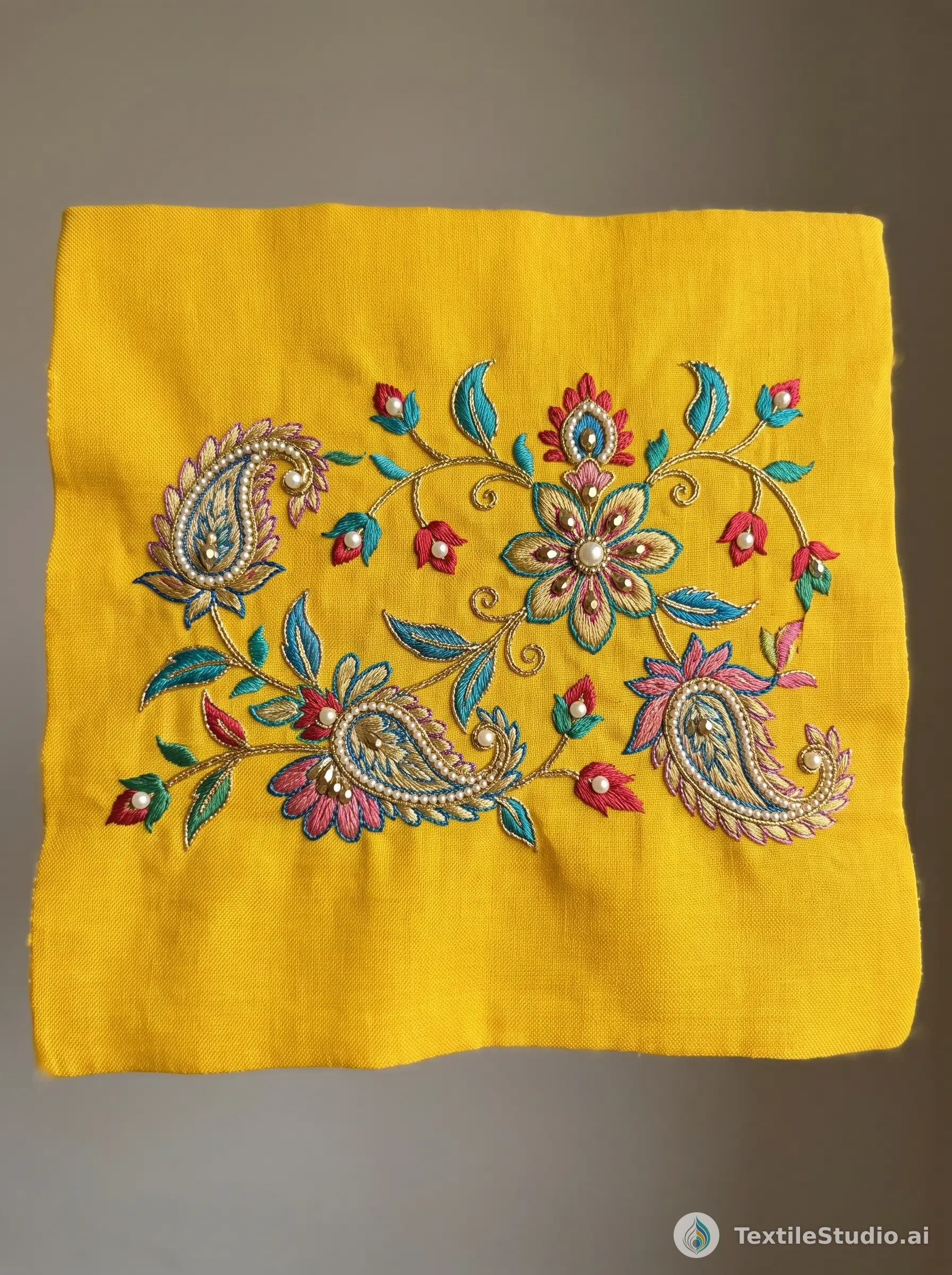 Golden Yellow Sari Blouse with Pearl Jari Dori Embroidery — The design