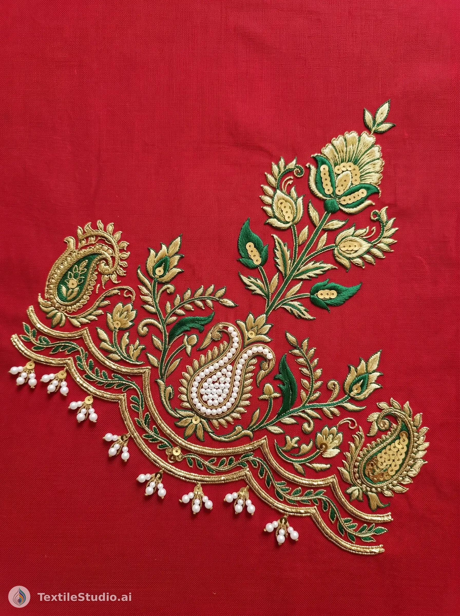 Crimson Kurta with Jari Dori and Pearl Florals — The design