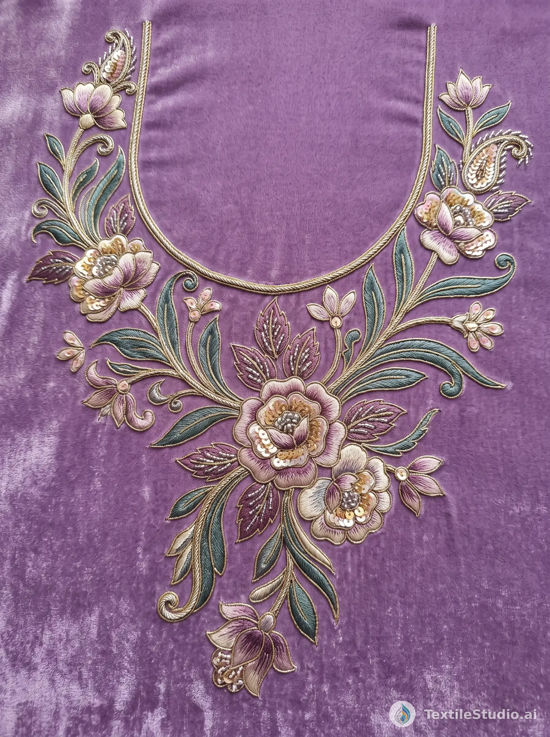 Lavender Velvet Kurta with Jari Dori Florals — The design