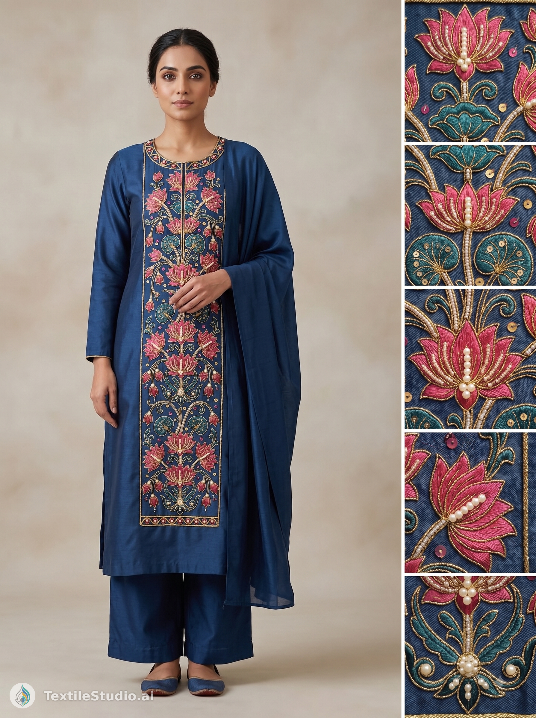 A woman wears a navy silk kurta with a colorful embroidered floral panel on the front.