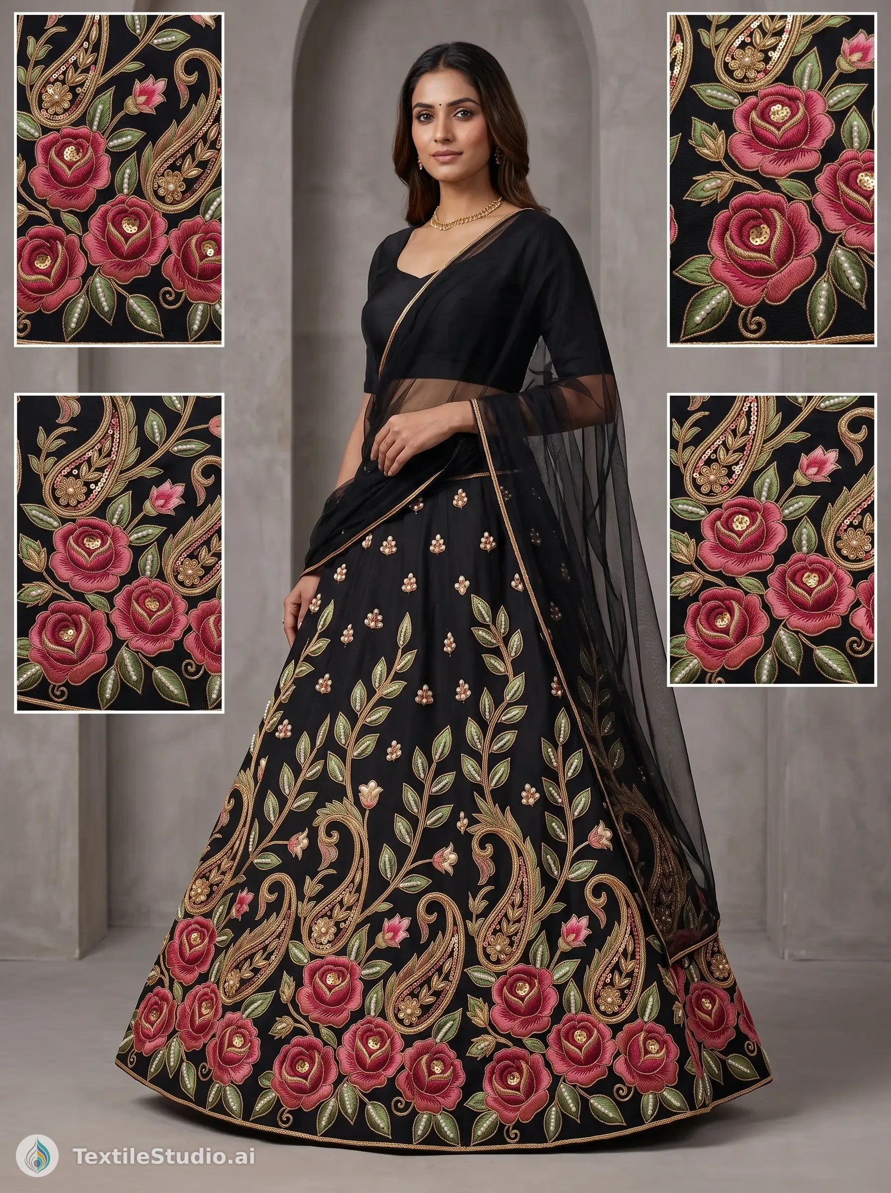 Elegant Black Lehenga with Rose Jari Dori Embroidery
