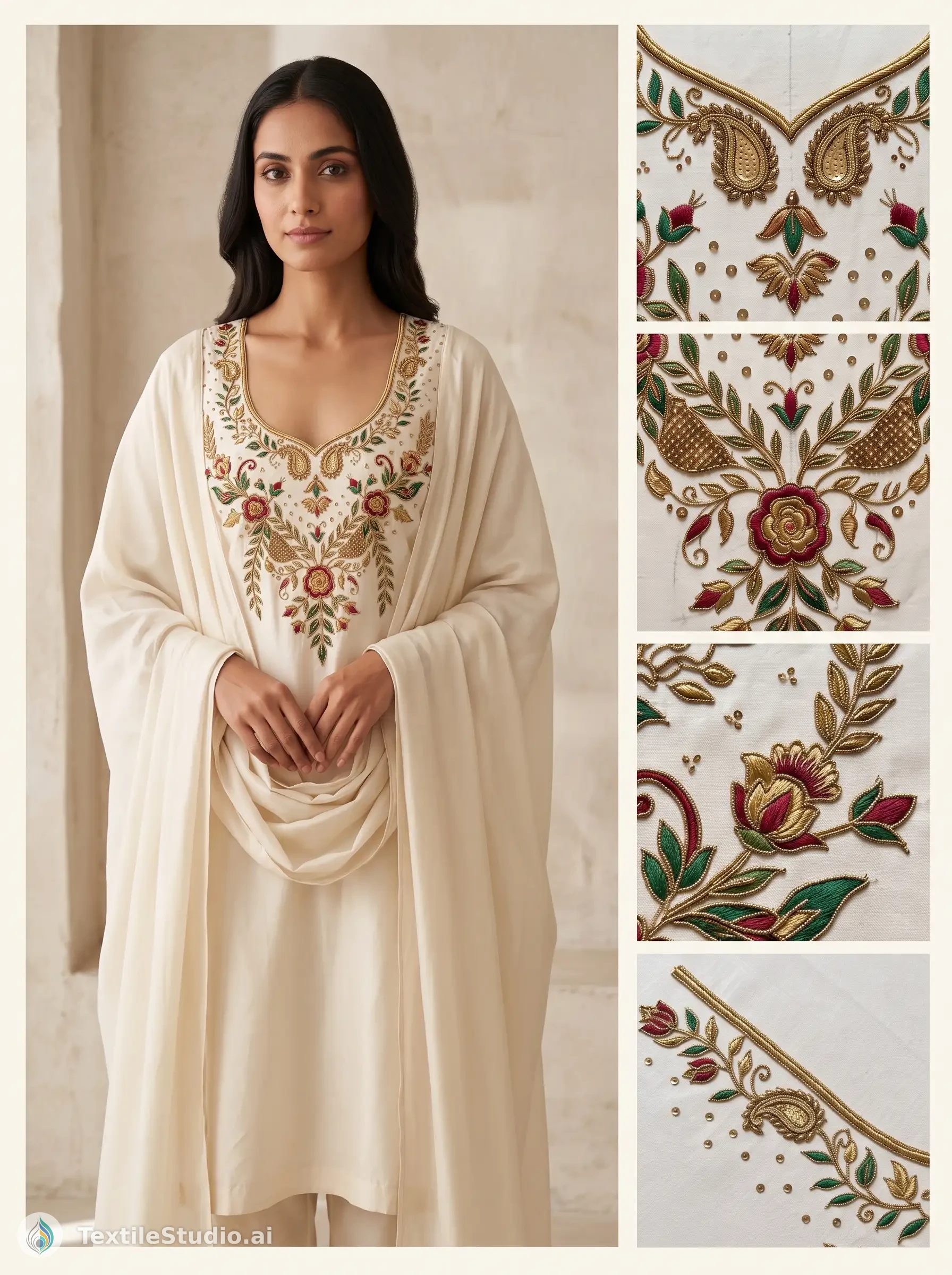 A woman wearing a cream kurta with floral embroidery using jari dori and sequins.