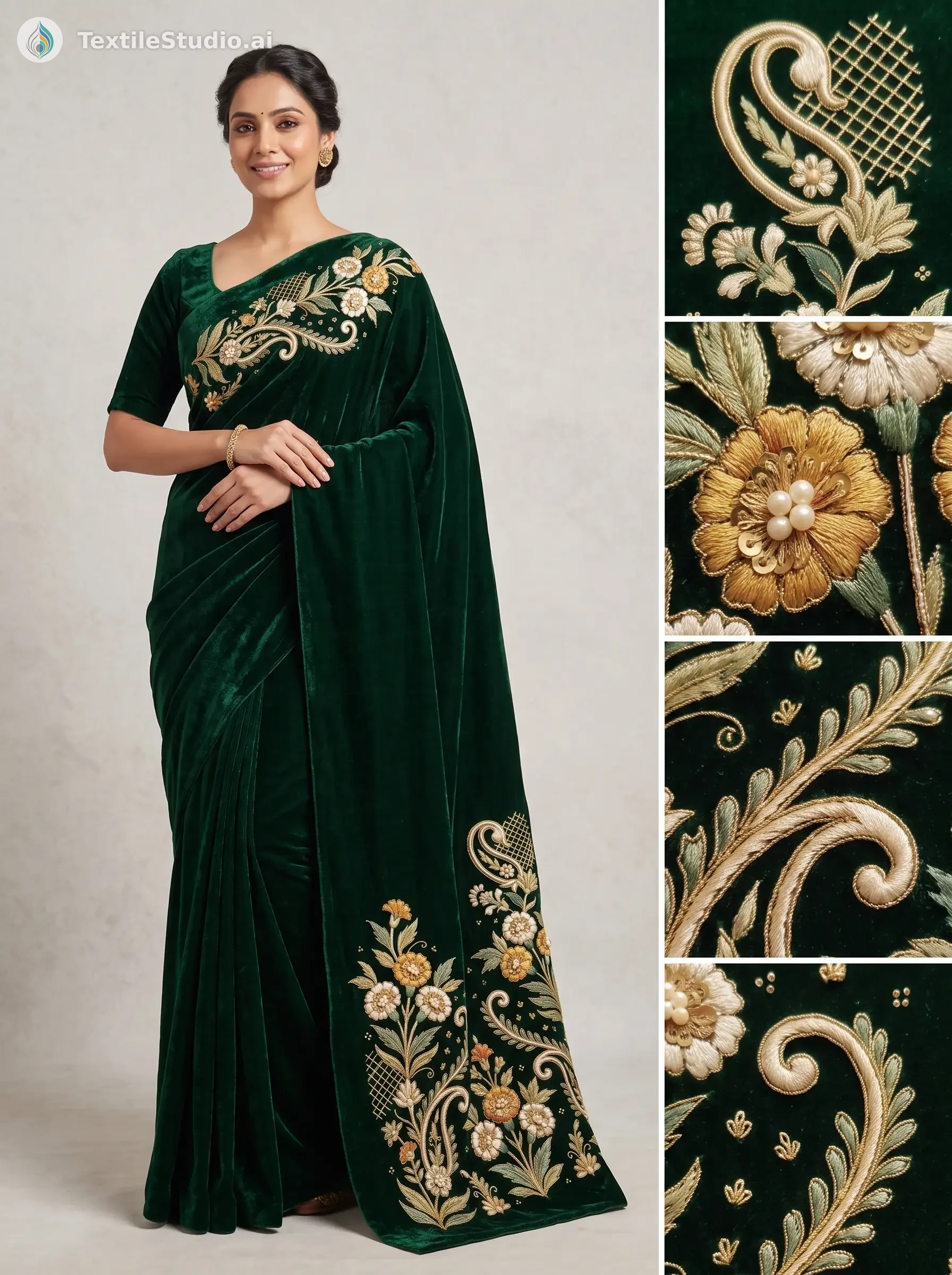 A woman wearing a dark green velvet saree with gold floral embroidery and pearl accents.