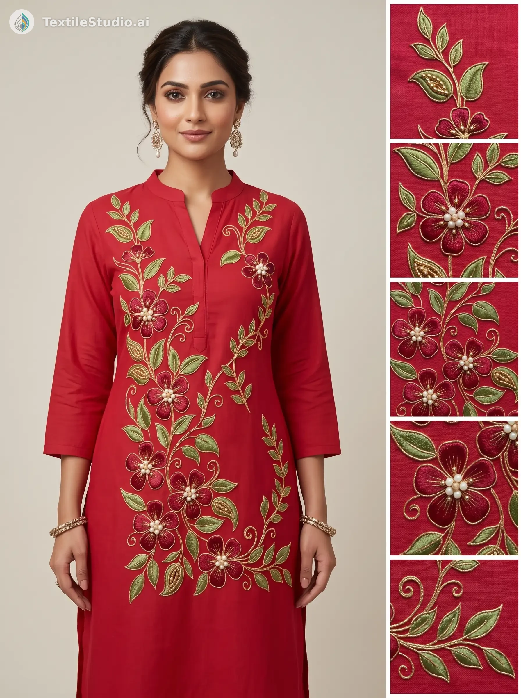 A woman wearing a red kurti with intricate floral embroidery in green and gold on the front panel.