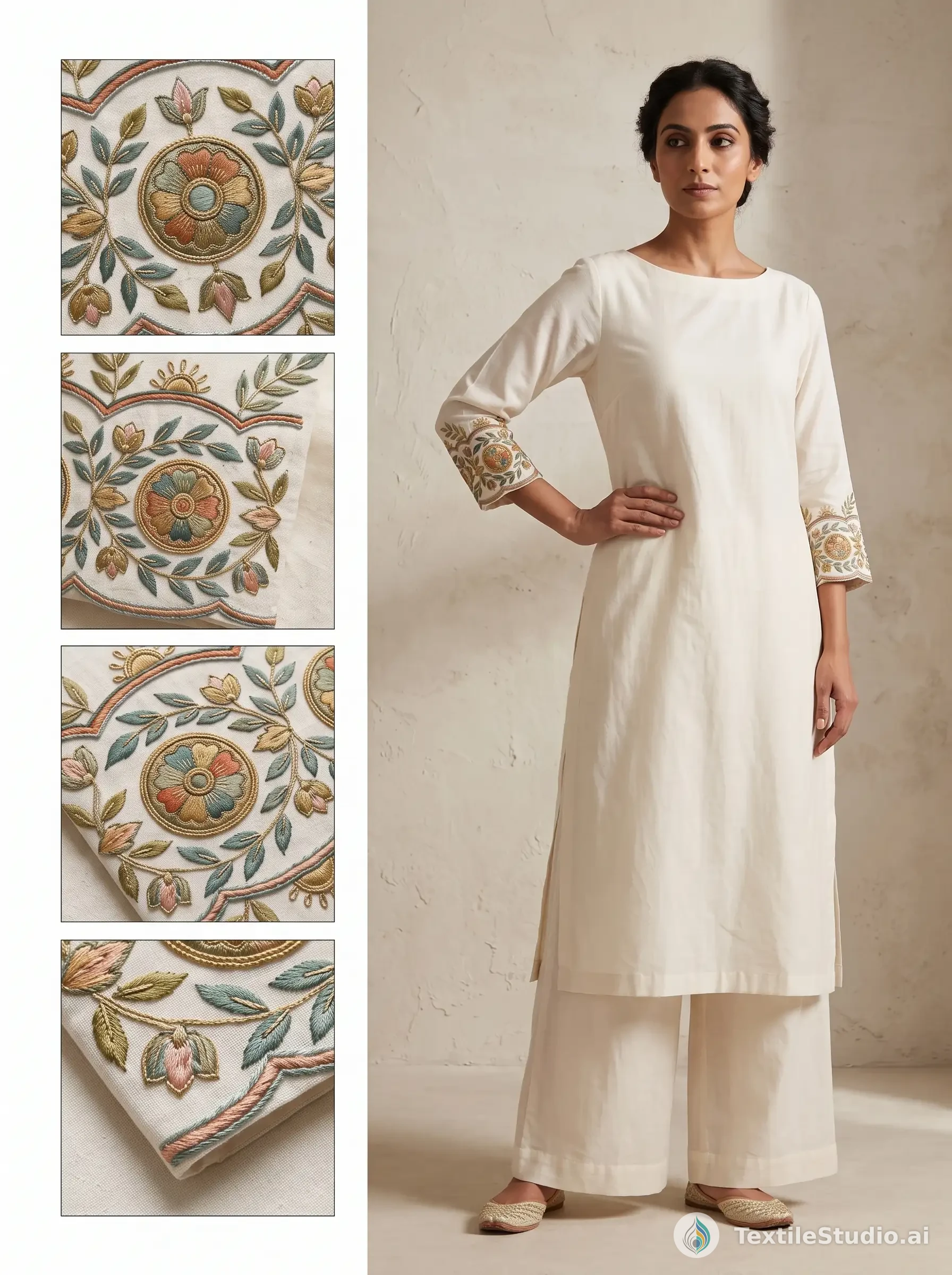 A woman wears an ivory kurta with embroidered sleeve cuffs, featuring floral designs in pastel colors.