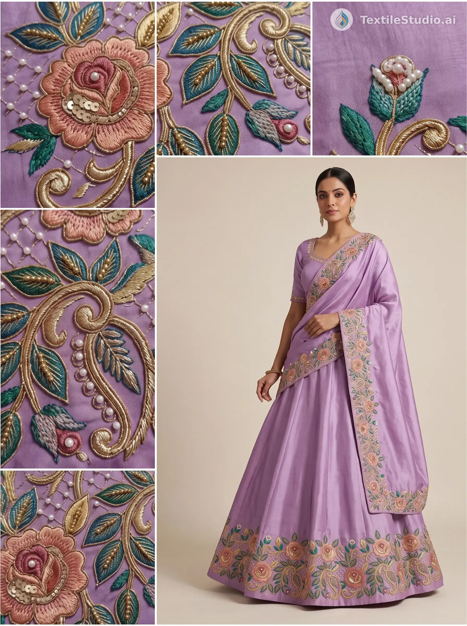A woman wearing a lavender lehenga with intricate floral embroidery and a matching blouse.
